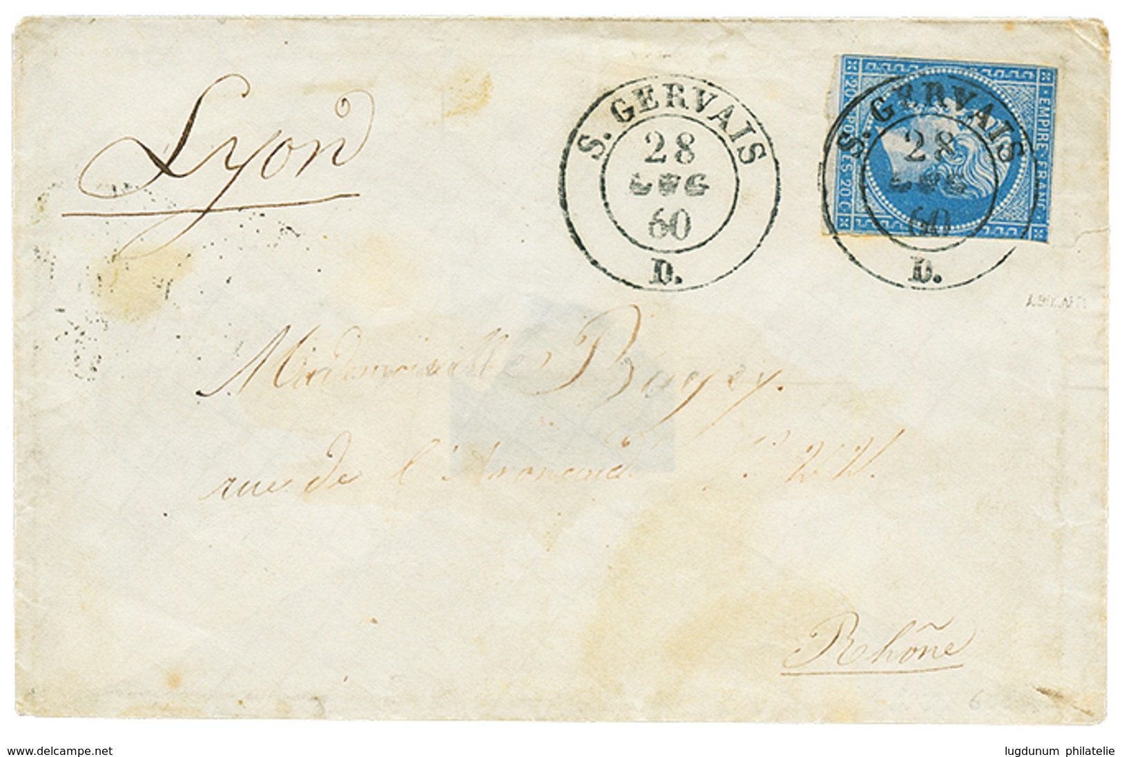 144 1860 20c(n°14) Pd Obl. Cachet Sarde S.GERVAIS Sur Enveloppe Pour LYON. RARE. TB. - Sonstige & Ohne Zuordnung