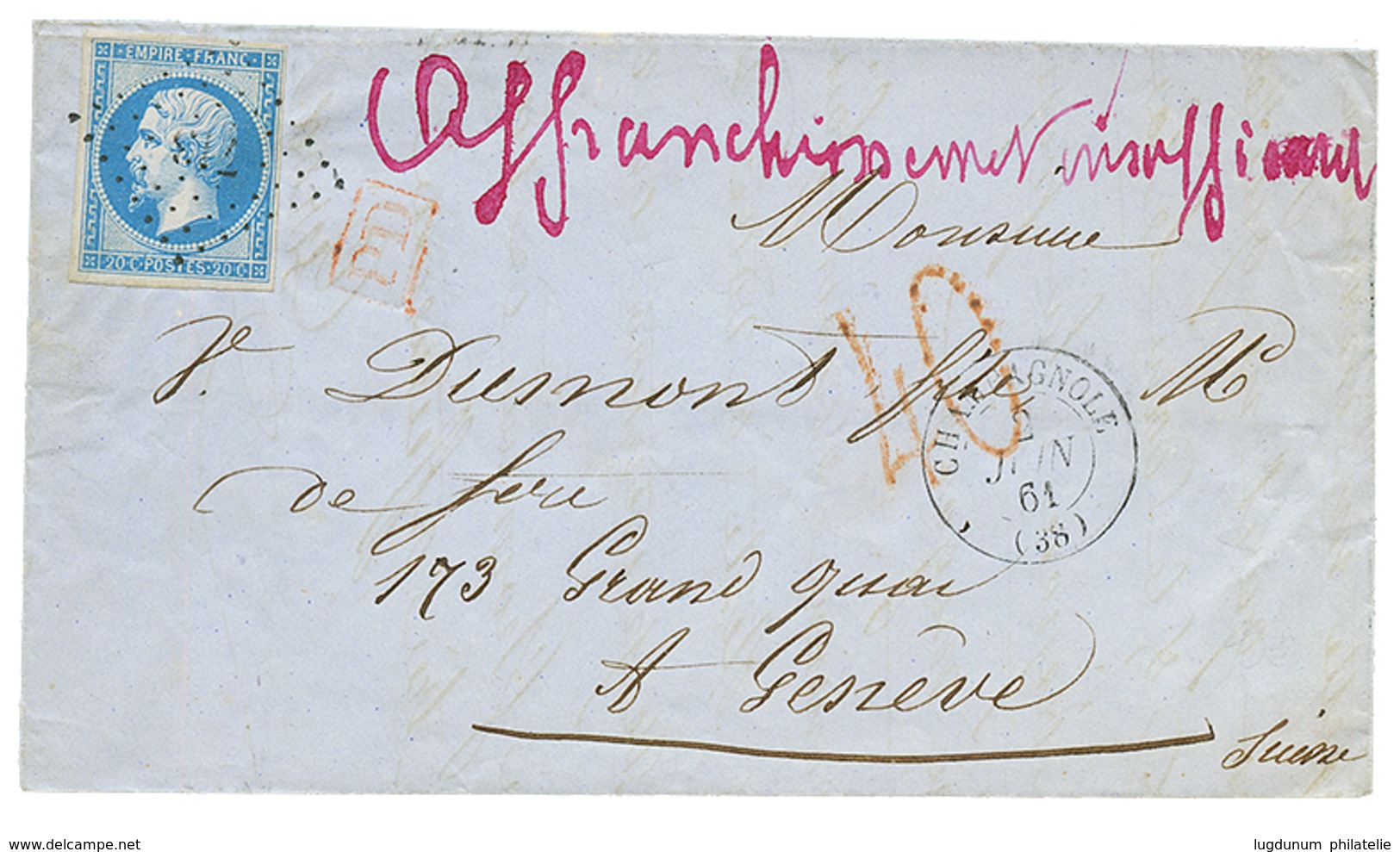 145 1861 20c(n°14)obl. PC 713 + T.15 CHAMPAGNOLE + AFFR. INSUFFISANT + Taxe 40 Rouge, Pour GENEVE. TTB. - Autres & Non Classés