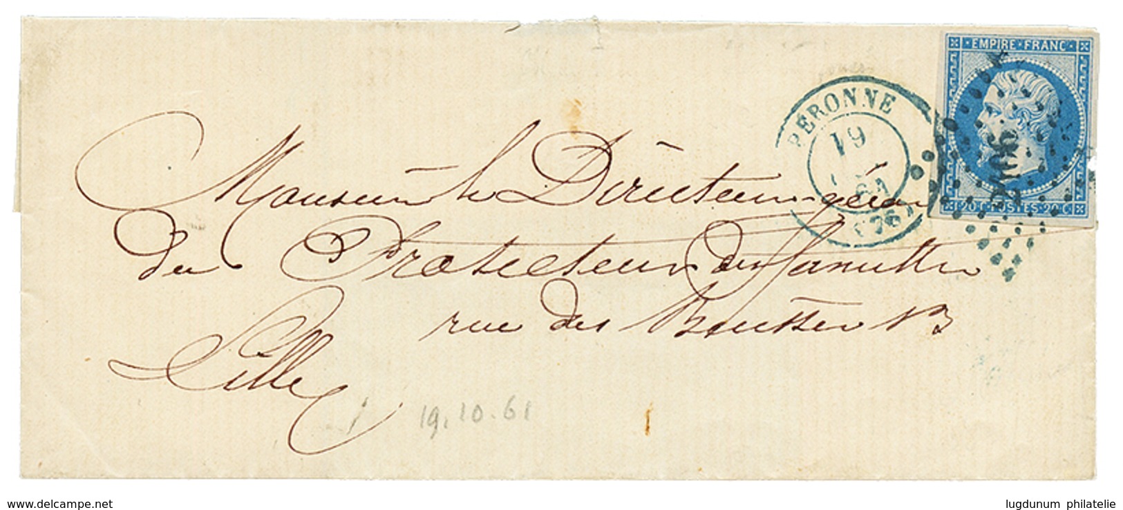 146 "PETIT CHIFFRE En BLEU" 1861 20c(n°14) TB Margé Obl. PC 2106 Bleu + T.15 PERONNE En Bleu Sur Lettre Pour LILLE. Supe - Other & Unclassified