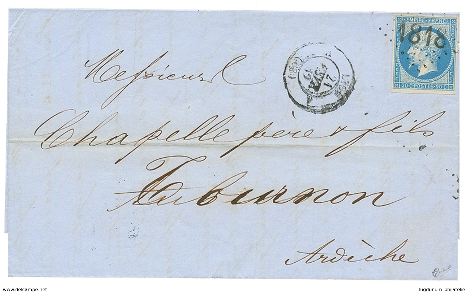 148 1862 20c(n°14) TTB Margé Obl. Cachet D' Essai 1818 Baton Sur Lettre De LYON. Cote 850€. Signé CALVES. Superbe. - Autres & Non Classés