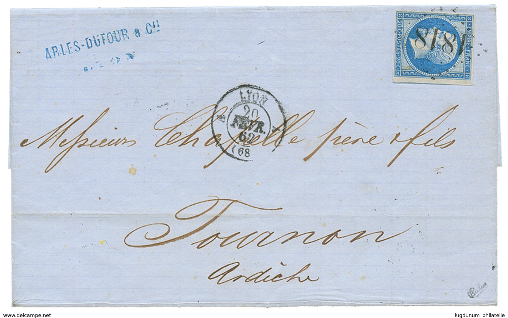 149 1862 20c(n°14) TB Margé Obl. Cachet D' Essai 1818 Délié Sur Lettre De LYON. Cote 3000€. Signé CALVES. Rare Et Superb - Other & Unclassified