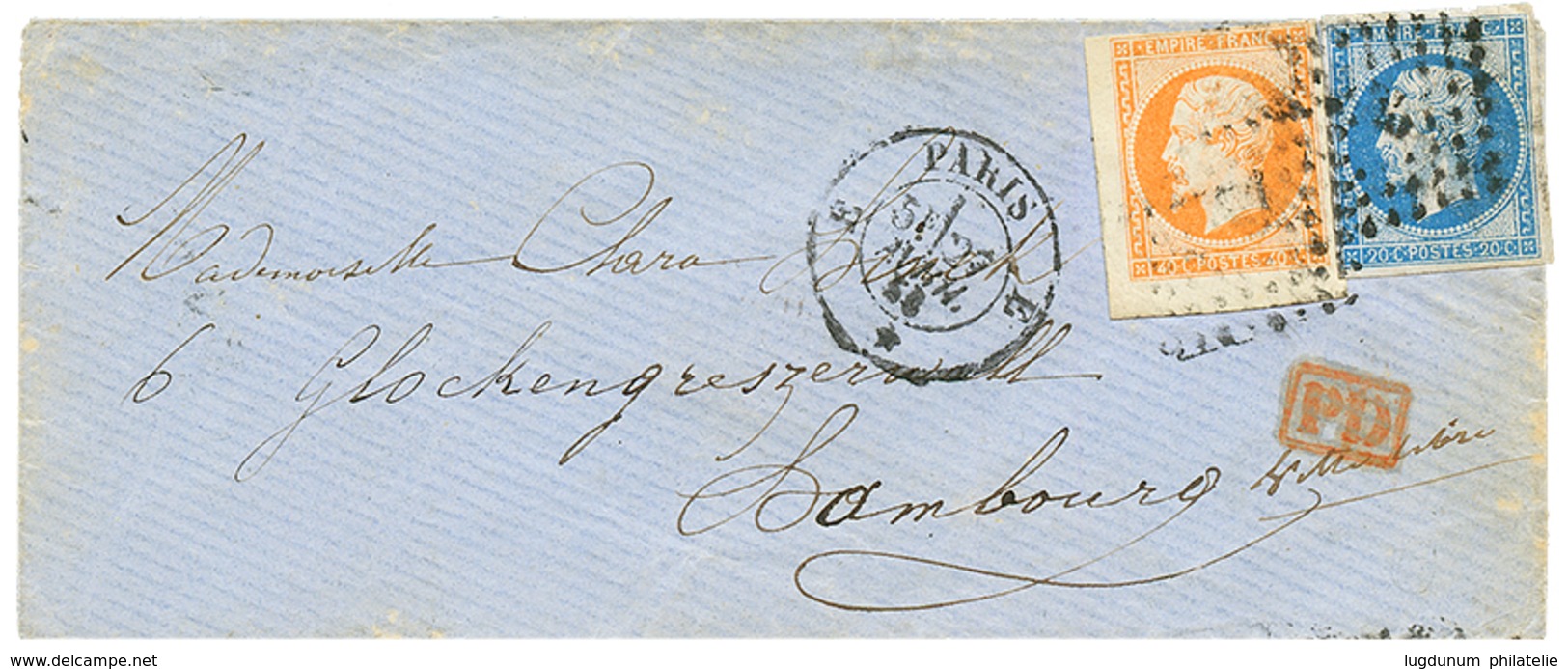 151 1858 20c(n°14) + 40c(n°16) Bord De Feuille Sur Enveloppe De PARIS Pour HAMBOURG(ALLEMAGNE). TB. - Autres & Non Classés