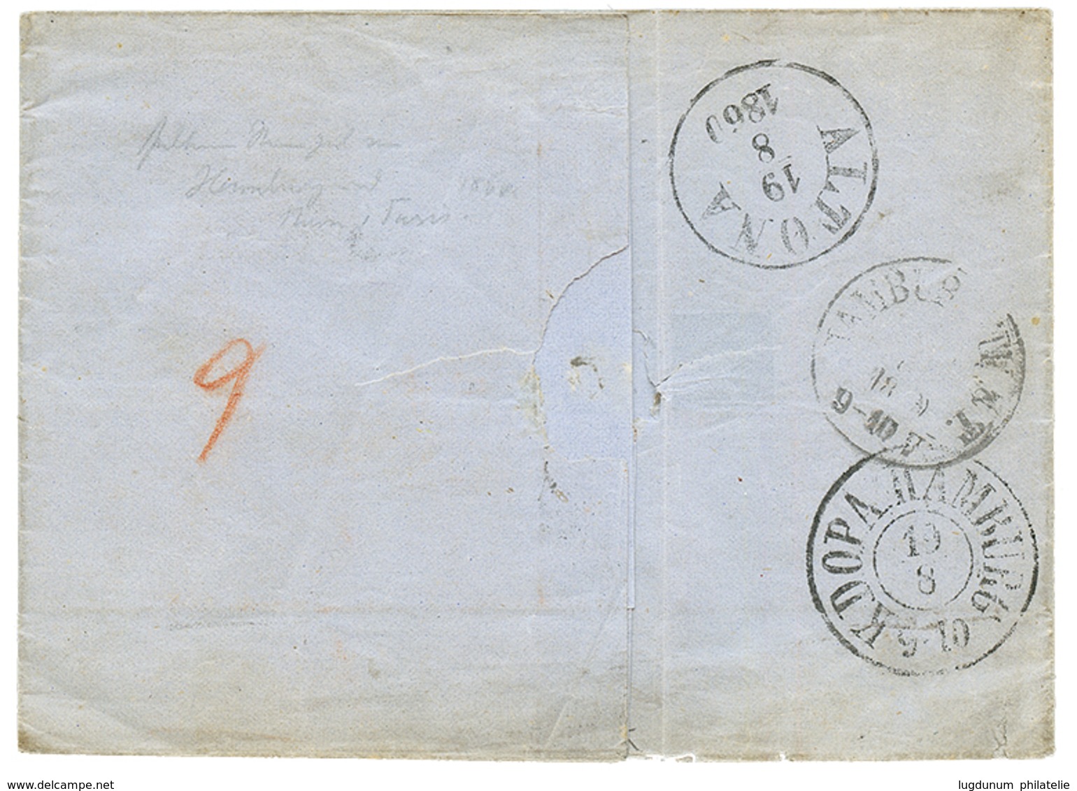 153 1860 20c(n°14) + 40c(n°16) TB Margés Obl. CS1 + PARIS(CS) + AFFR. INSUFF./CS1 Sur Lettre Pour ALTONA (DANEMARK Duché - Altri & Non Classificati