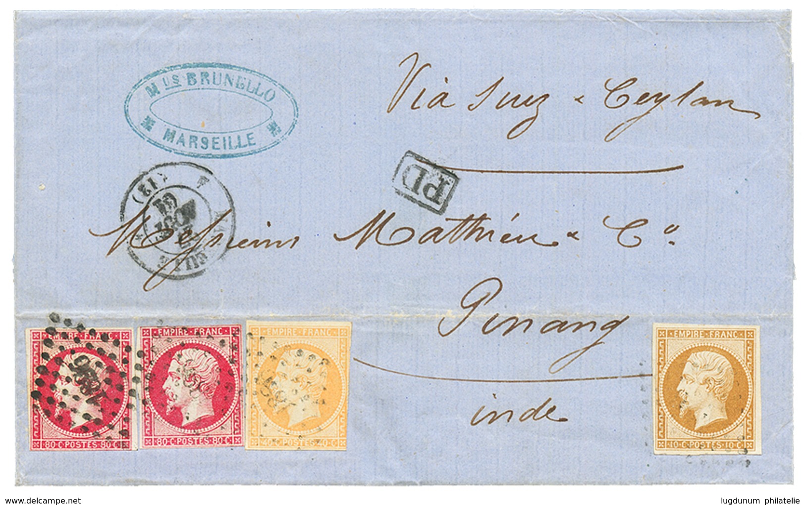 155 Destination MALAYA : 1861 FRANCE 10c + 40c+ 80c(x2) Pd Obl. PC 1896 Sur Lettre De MARSEILLE Via SUEZ & CEYLON Pour P - Autres & Non Classés