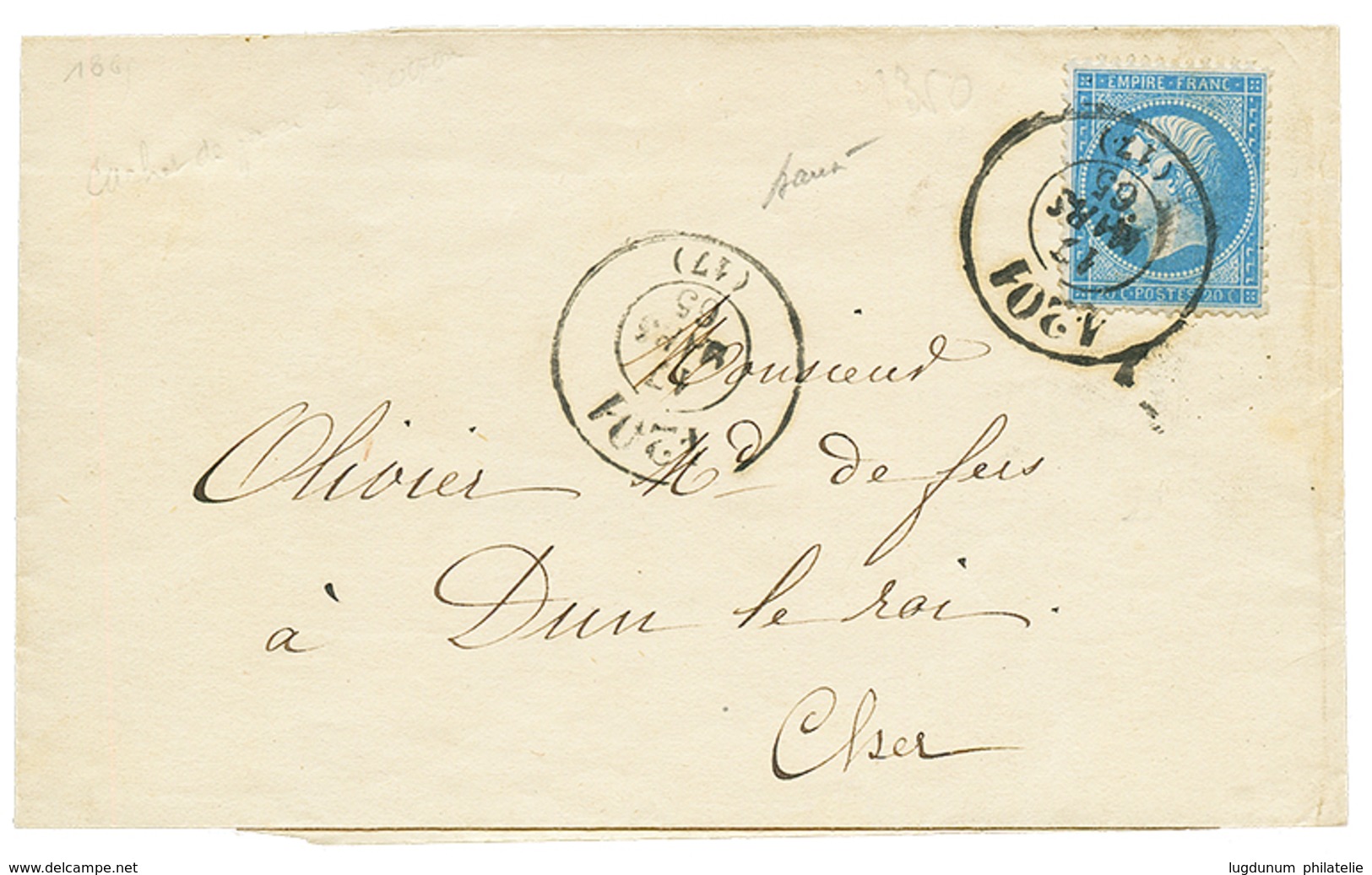 157 1865 20c(n°22) Obl. Bureau De PASSE 4201 Sur Lettre Pour DUN-LE-ROI. Superbe. - 1862 Napoleone III