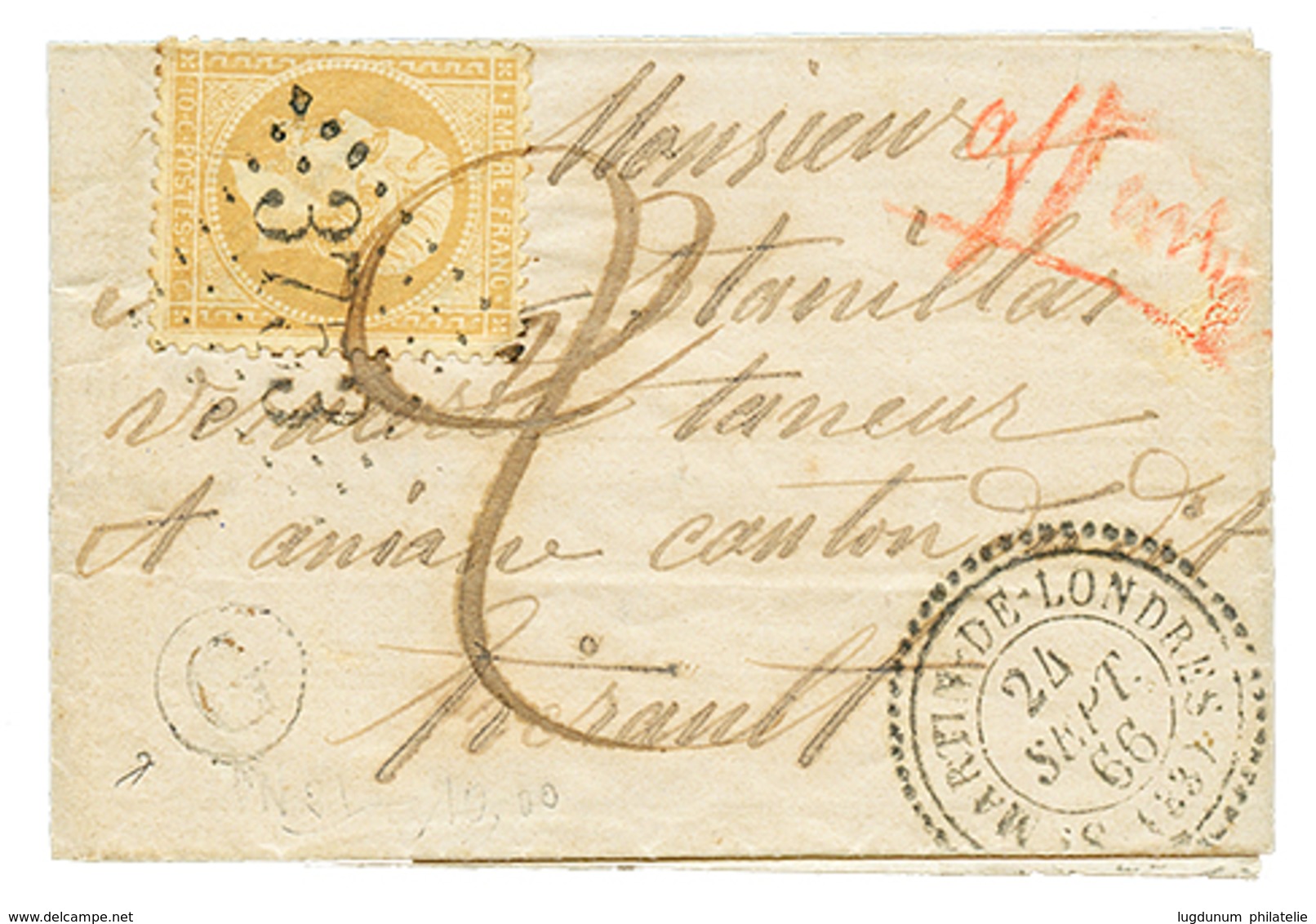 158 1866 10c(n°21) Obl. GC 3753 + T.22 ST MARTIN-DE-LONDRES + Taxe 2 + Boite Rurale G Sur Lettre Avec Texte Daté "CAUSSE - 1862 Napoléon III.