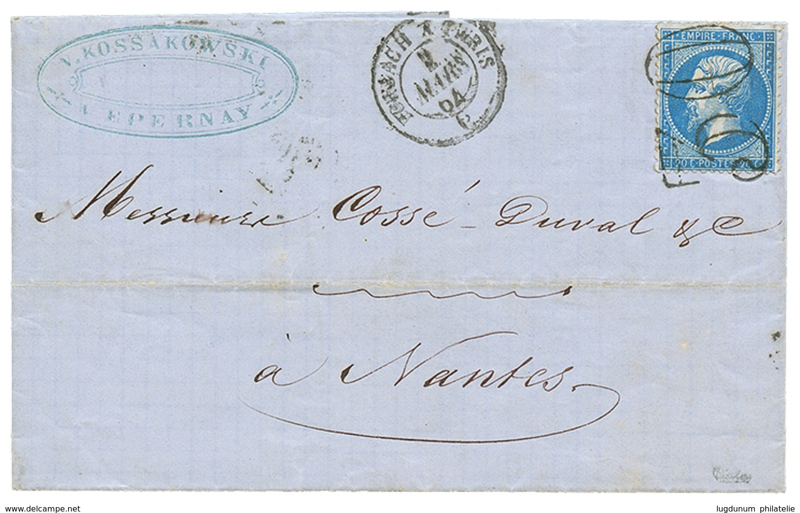 159 1864 20c(n°22) Obl. Cachet TAXE 30 + Ambulant FORBACH A PARIS Sur Lettre D' EPERNAY. RARE. TTB. - 1862 Napoléon III