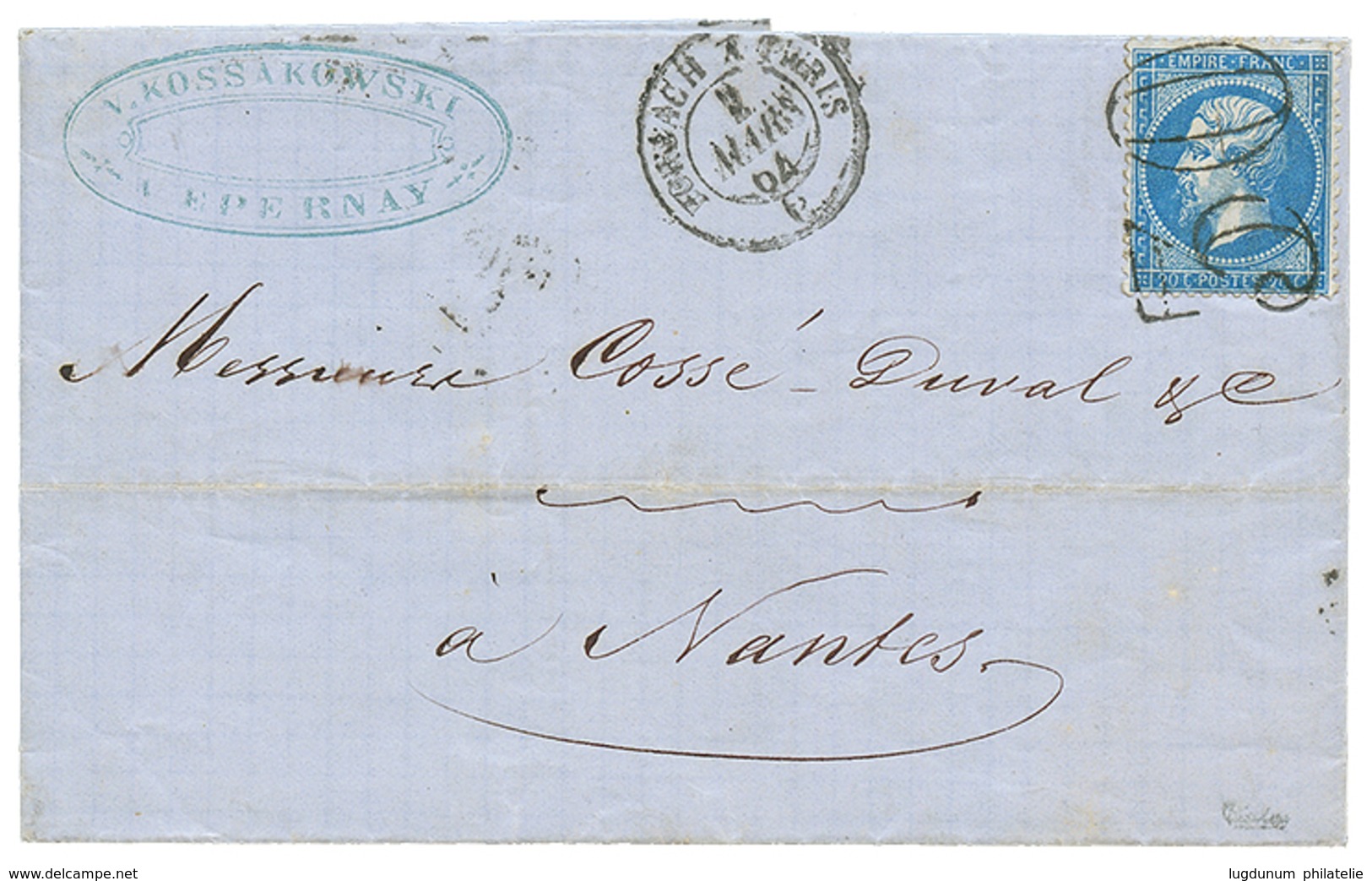 159 1864 20c(n°22) Obl. Cachet TAXE 30 + Ambulant FORBACH A PARIS Sur Lettre D' EPERNAY. RARE. TTB. - 1862 Napoleone III