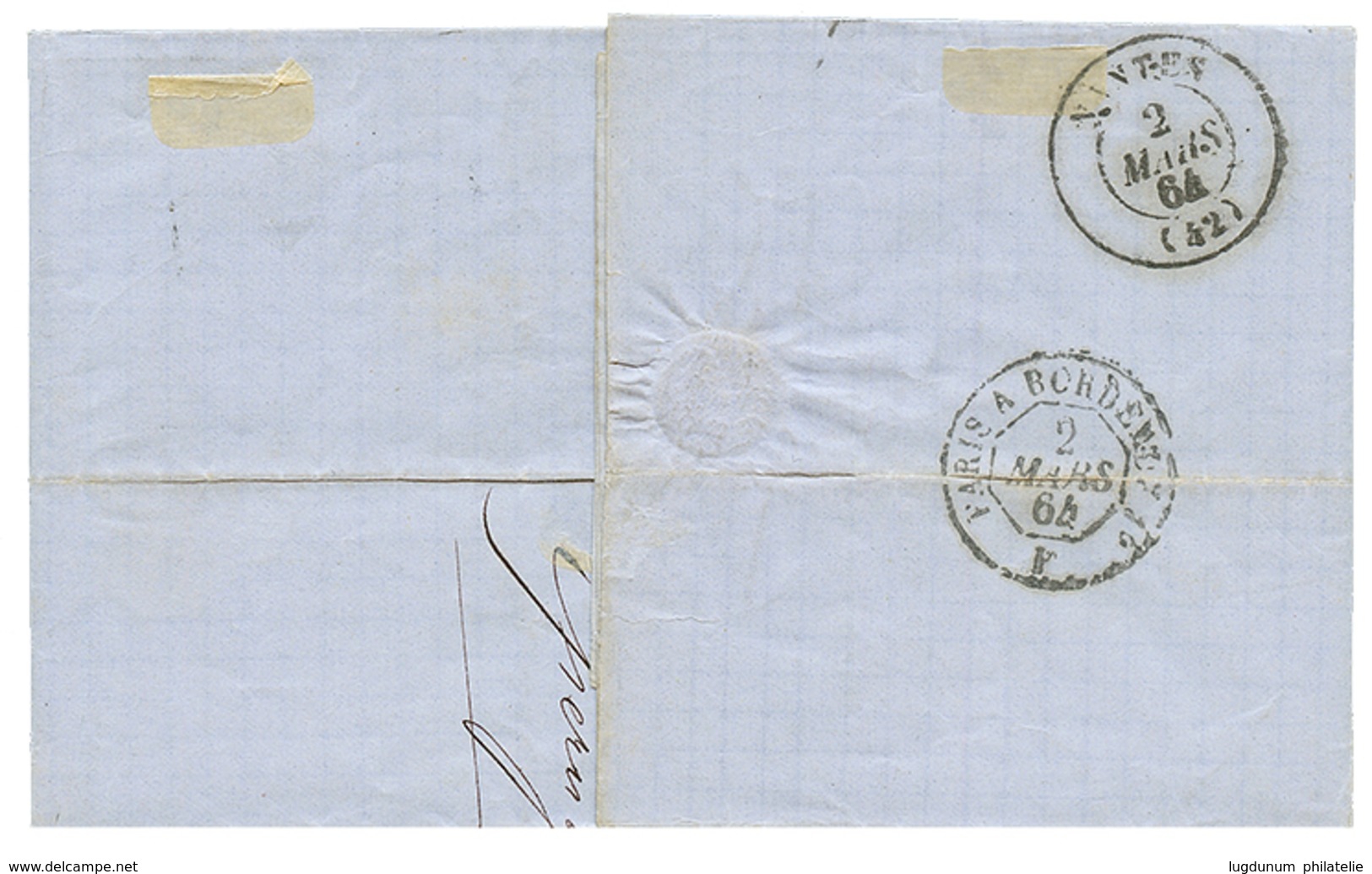 159 1864 20c(n°22) Obl. Cachet TAXE 30 + Ambulant FORBACH A PARIS Sur Lettre D' EPERNAY. RARE. TTB. - 1862 Napoléon III