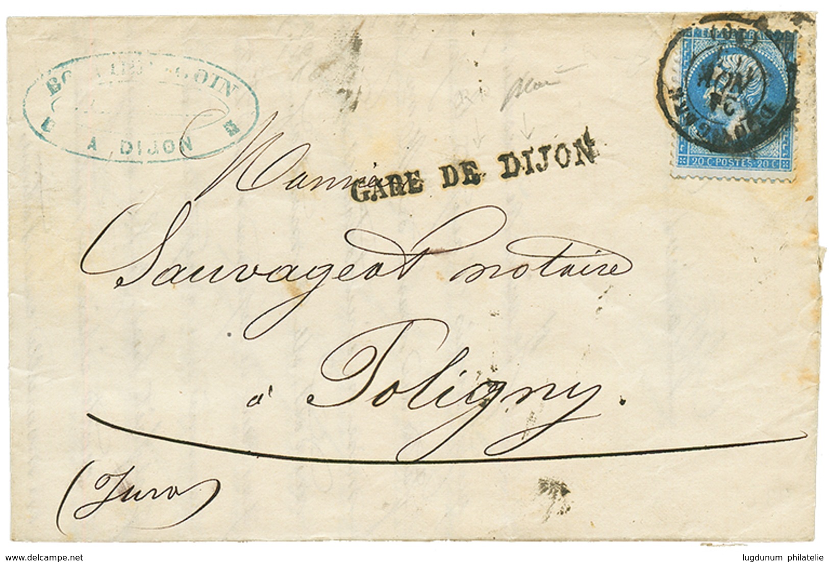 160 1864 20c(n°22) Obl. T.15 DIJON-GARE + Cachet Linéaire GARE DE DIJON Sur Lettre Pour POLIGNY. TTB. - 1862 Napoleone III