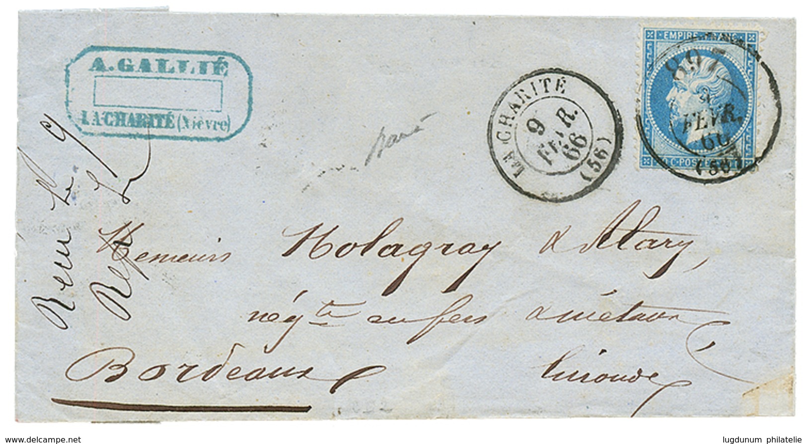 162 1866 20c(n°22) Obl. Bureau De PASSE 897 + T.15 LA CHARITE Sur Lettre Pour BORDEAUX. RARE. Superbe. - 1862 Napoléon III