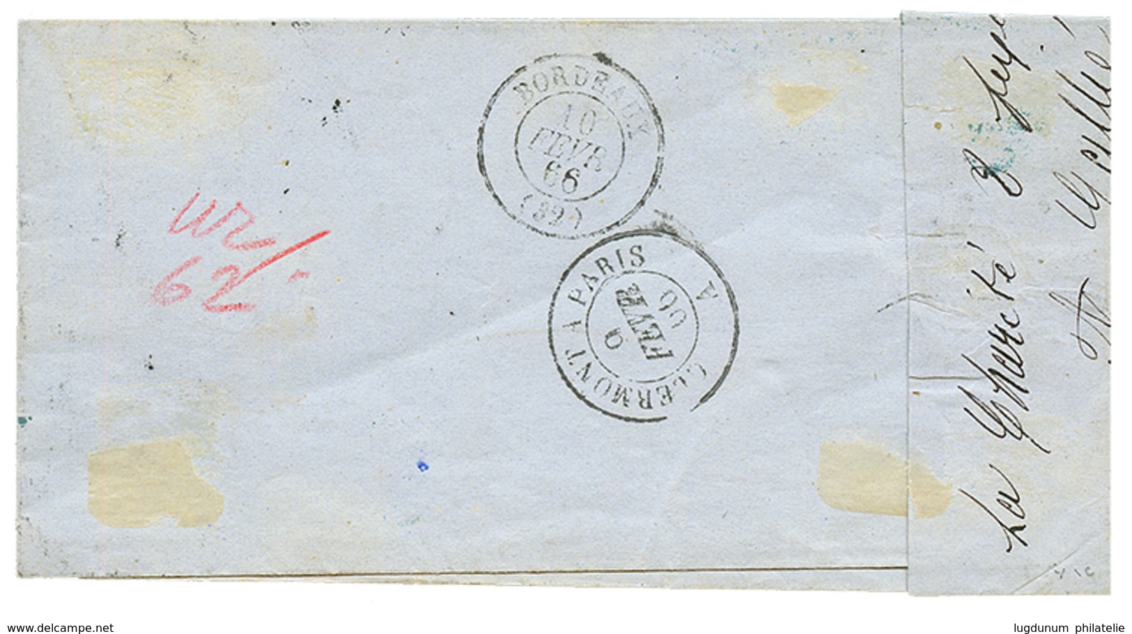 162 1866 20c(n°22) Obl. Bureau De PASSE 897 + T.15 LA CHARITE Sur Lettre Pour BORDEAUX. RARE. Superbe. - 1862 Napoléon III.