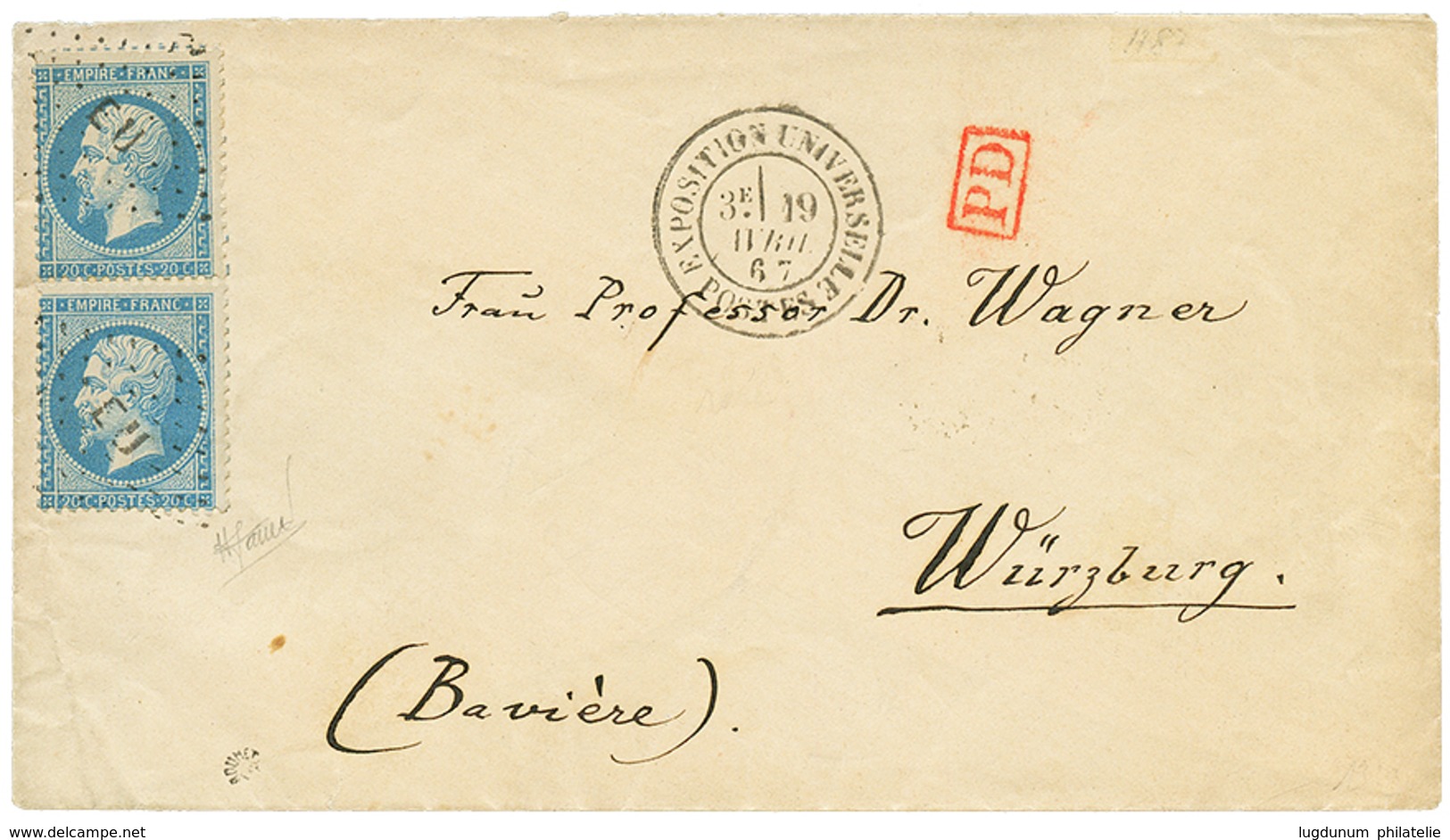 164 1867 Paire 20c(n°22) Obl. EU + EXPOSITION UNIVERSELLE POSTES Sur Enveloppe Pour WÛRZBURG (BAVIERE). Oblitération Rar - 1862 Napoléon III