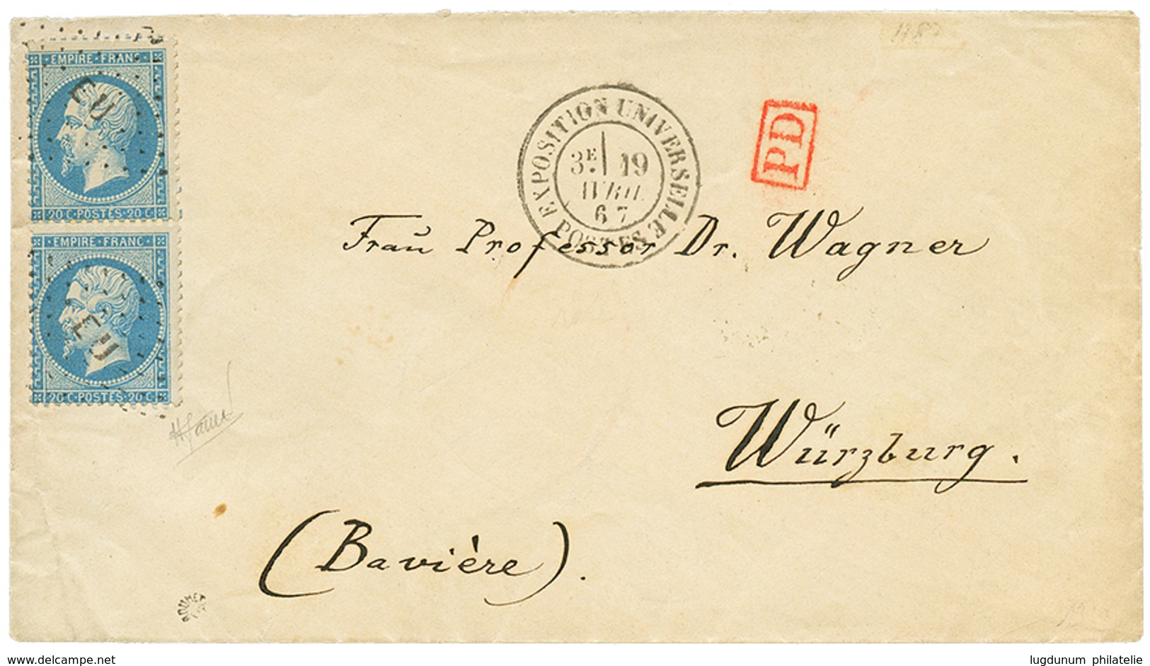 164 1867 Paire 20c(n°22) Obl. EU + EXPOSITION UNIVERSELLE POSTES Sur Enveloppe Pour WÛRZBURG (BAVIERE). Oblitération Rar - 1862 Napoleone III