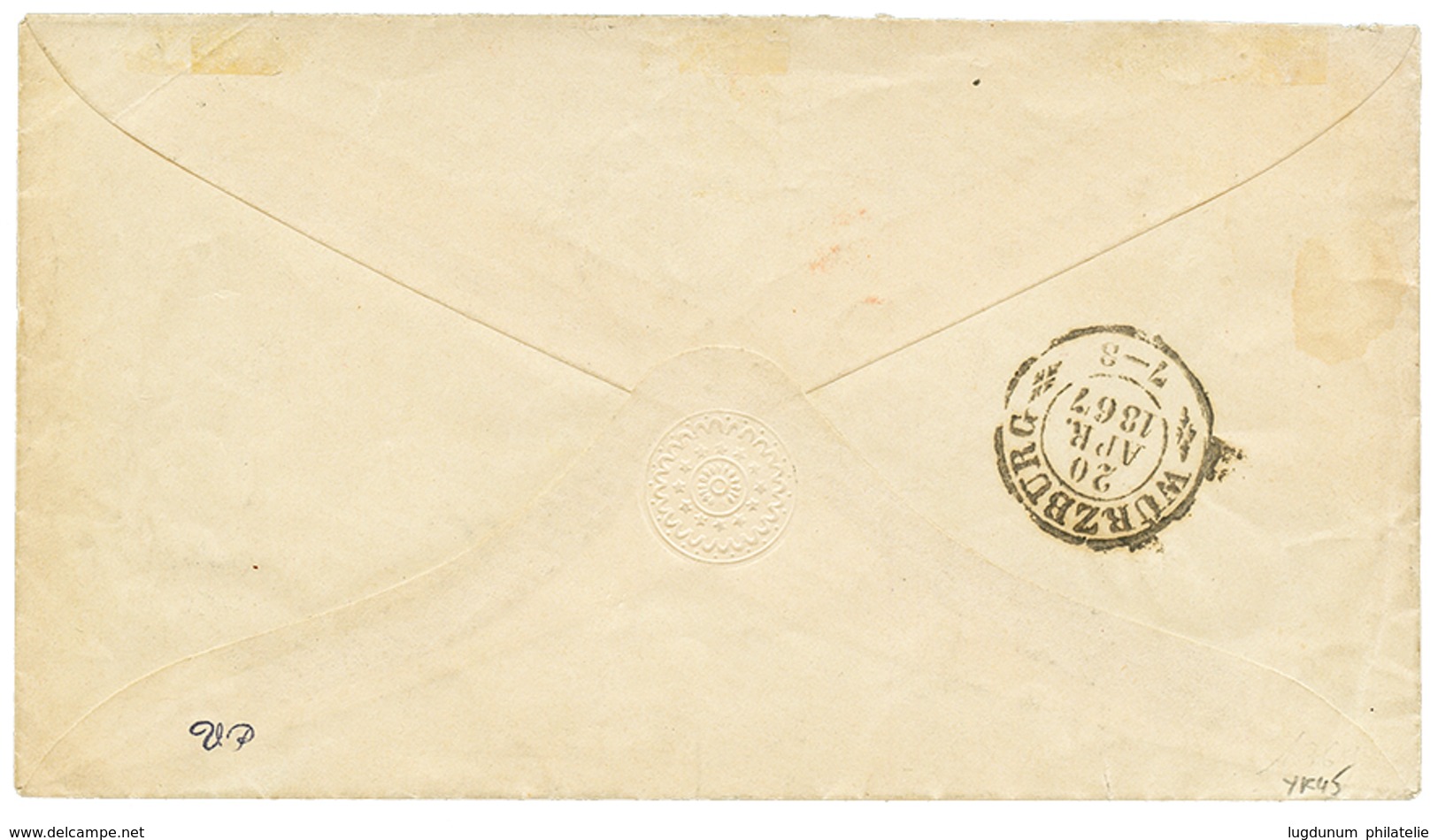 164 1867 Paire 20c(n°22) Obl. EU + EXPOSITION UNIVERSELLE POSTES Sur Enveloppe Pour WÛRZBURG (BAVIERE). Oblitération Rar - 1862 Napoléon III