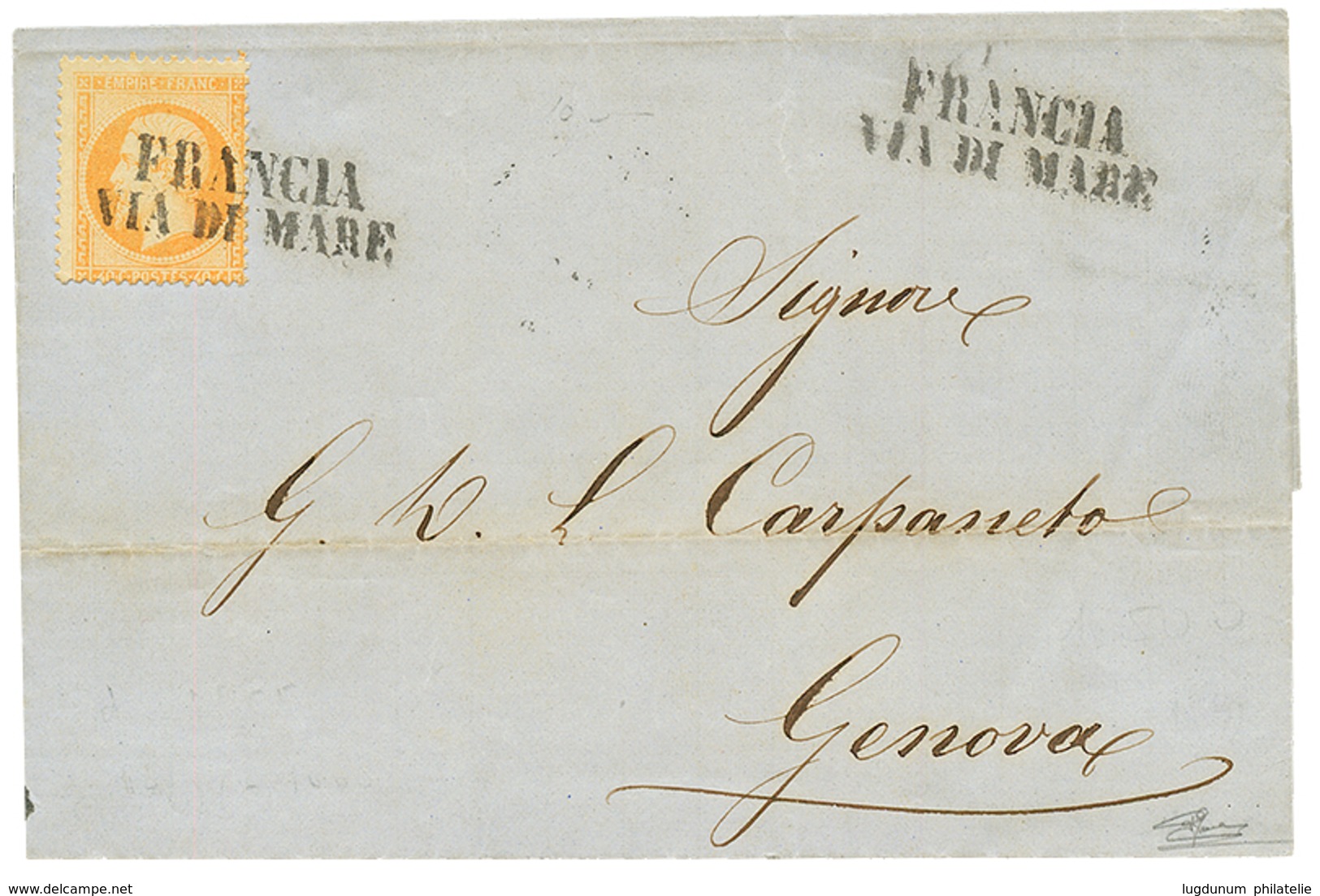 165 1863 40c(n°23) Obl. FRANCIA VIA DI MARE Sur Lettre Pour GENOVA(ITALIE). Superbe. - 1862 Napoleone III