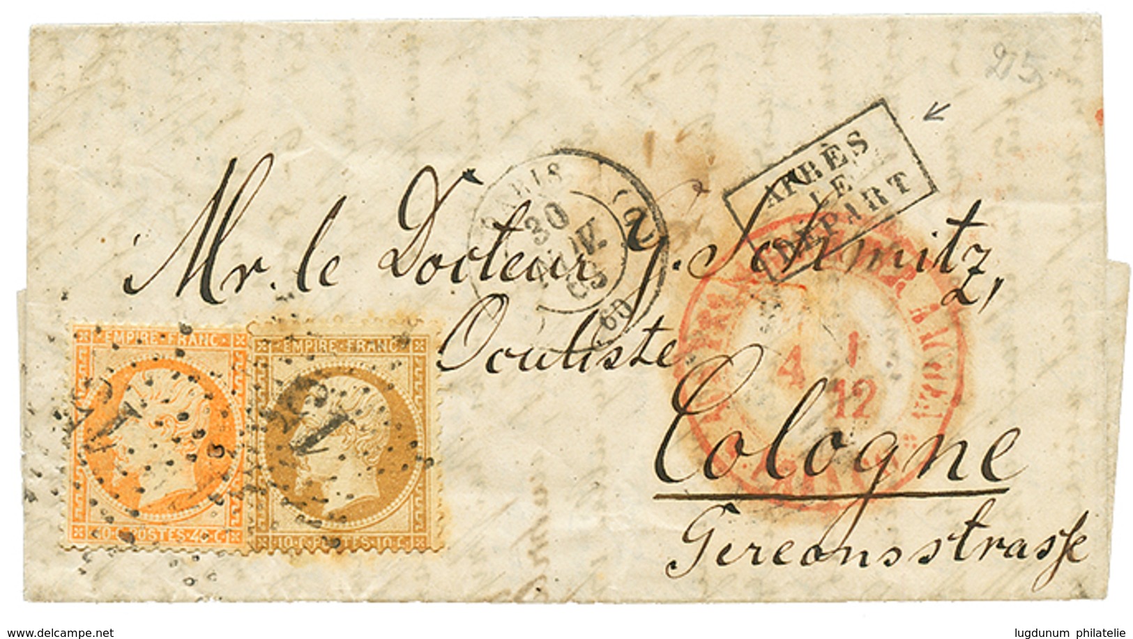 166 1863 10c(n°21)+ 40c(n°23) Obl. Etoile 15 Sur Lettre De PARIS Pour COLOGNE(ALLEMAGNE). TTB. - 1862 Napoléon III.
