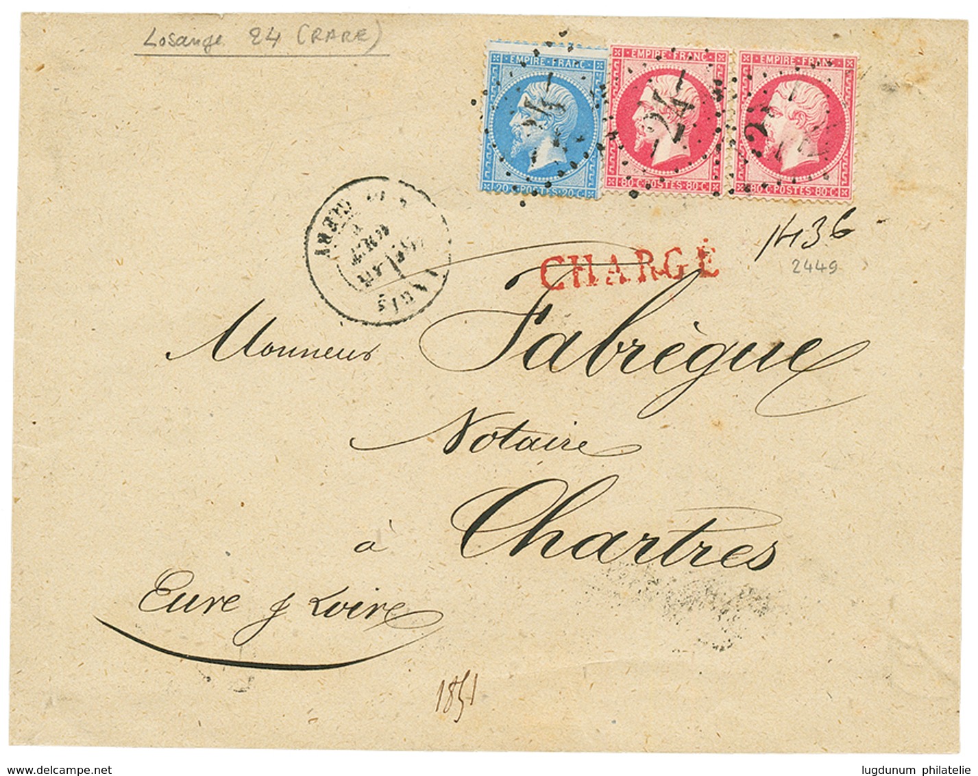 167 "Losange 24 De PARIS En CHARGE" : 20c(n°22) + 80c(n°24)x2 Obl. Losange 24 + CHARGE Sur Lettre (DEVANT Seulement) De  - 1862 Napoleon III