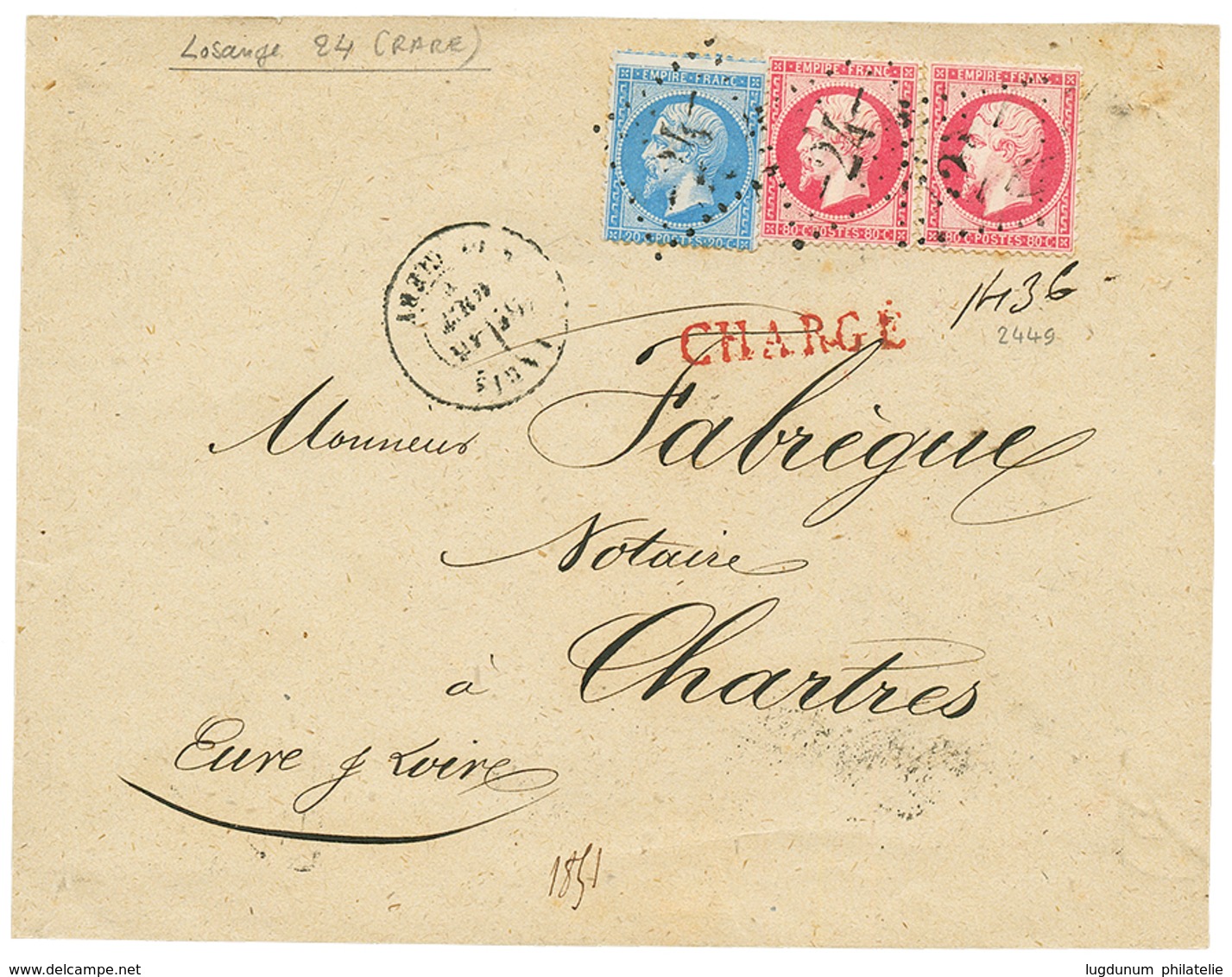 167 "Losange 24 De PARIS En CHARGE" : 20c(n°22) + 80c(n°24)x2 Obl. Losange 24 + CHARGE Sur Lettre (DEVANT Seulement) De  - 1862 Napoleone III