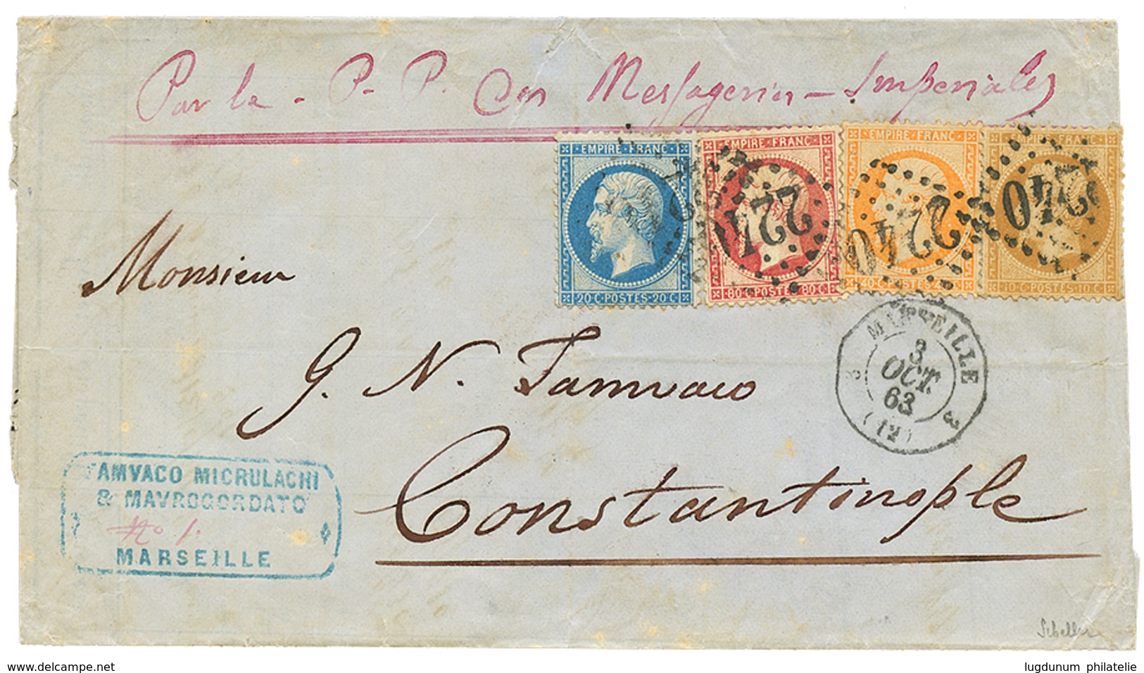 168 "Quadricolore Pour CONSTANTINOPLE" : 1863 10c(n°21) + 20c(n°22)+ 40c(n°23) + 80c(n°24) Obl. GC 2240 Sur Lettre De MA - 1862 Napoleon III