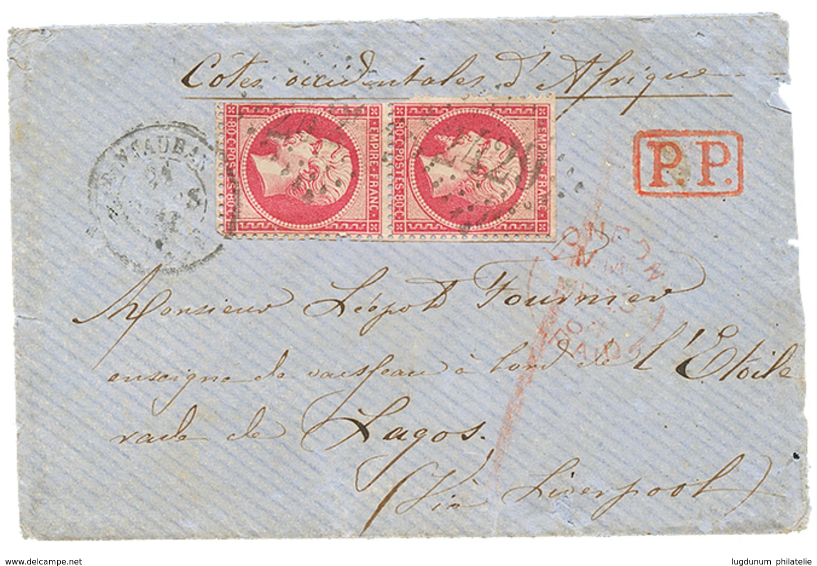 169 "Double Port Pour LAGOS" : 1864 Paire 80c Def. Obl. GC 2429 + T.15 MONTAUBAN Sur Enveloppe(pd) Avec Texte Complet (8 - 1862 Napoléon III