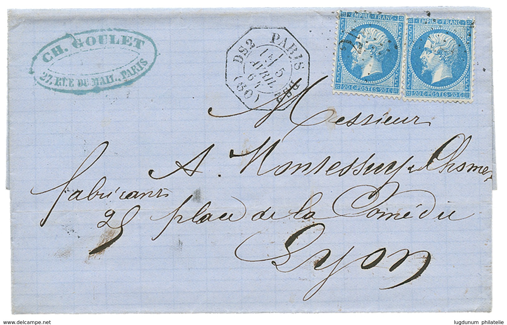 172 1864 20c(n°22)x2 Obl. Etoile 24 + LEVEE EXCEPTIONNELLE PARIS DS2/1e Sur Lettre Pour LYON. TTB. - 1862 Napoleon III