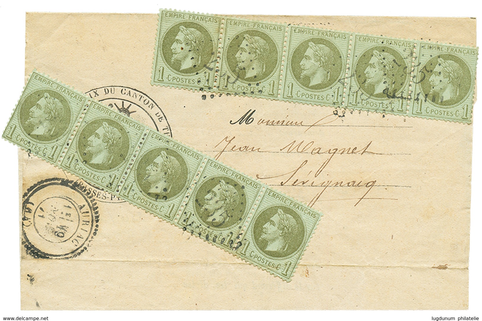 174 1871 2 Bandes De 5 Du 1c Lauré(n°25) Obl. GC 235 + T.24 AURIAC Sur Lettre Pour SEVIGNACQ. Léger Pli Sur 1 Timbre. TB - 1862 Napoleon III