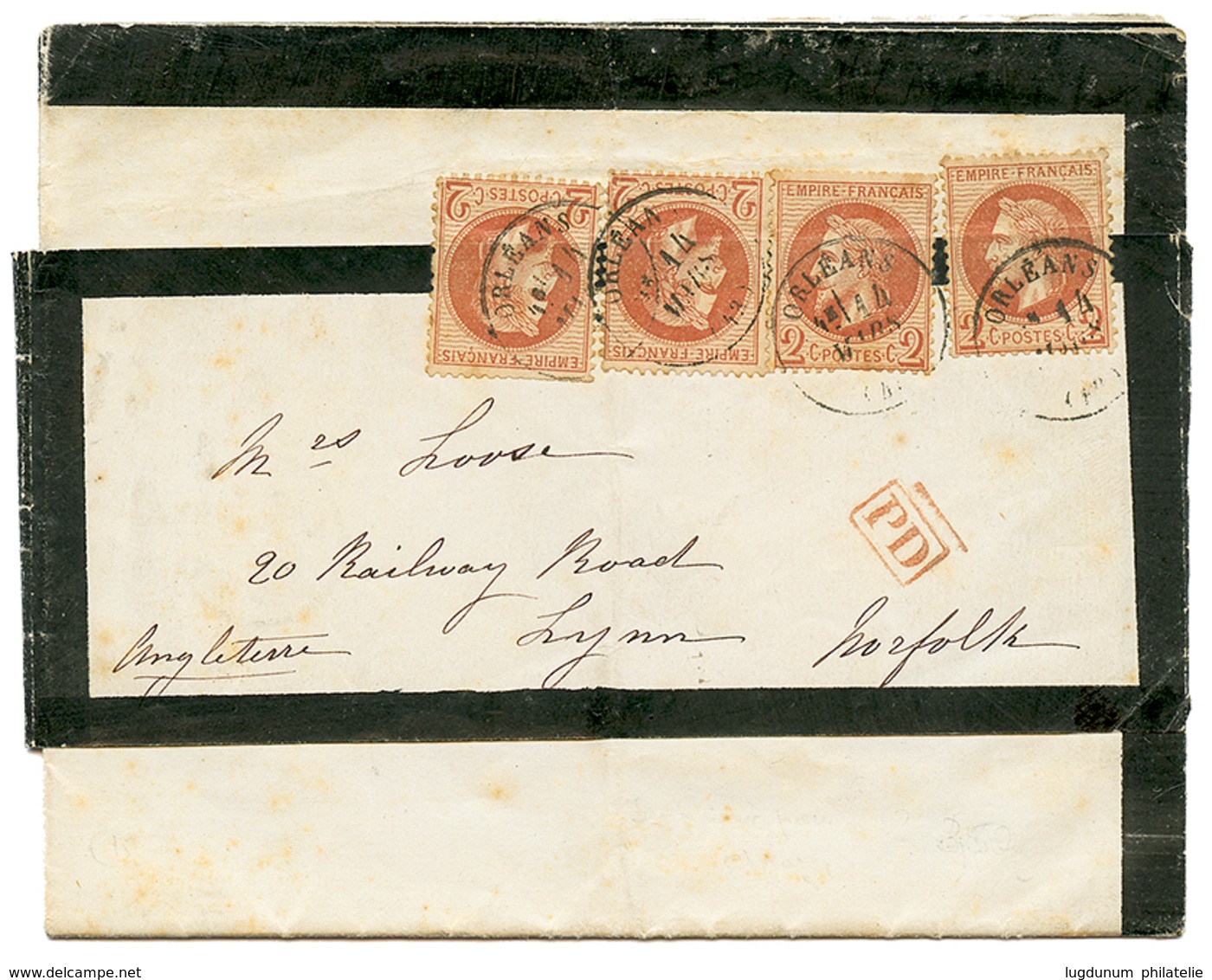 175 "Affrt à 8c Pour L'ANGLETERRE" : 1869 2c(n°26)x4 Obl. T.16 ORLEANS Sur Bande Avec IMPRIME Complet Pour NORFOLK(ANGLE - 1862 Napoléon III.