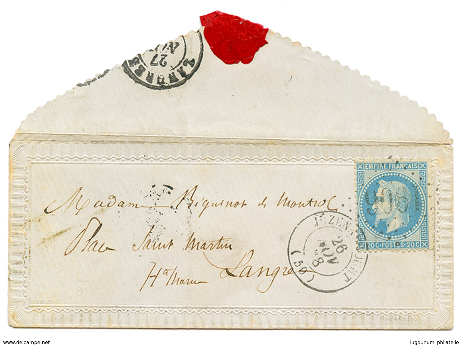 177 1868 20c(n°29) Obl. GC 1906 + T.15 JUZENNECOURT Sur Enveloppe VALENTINE . Superbe. - 1862 Napoléon III
