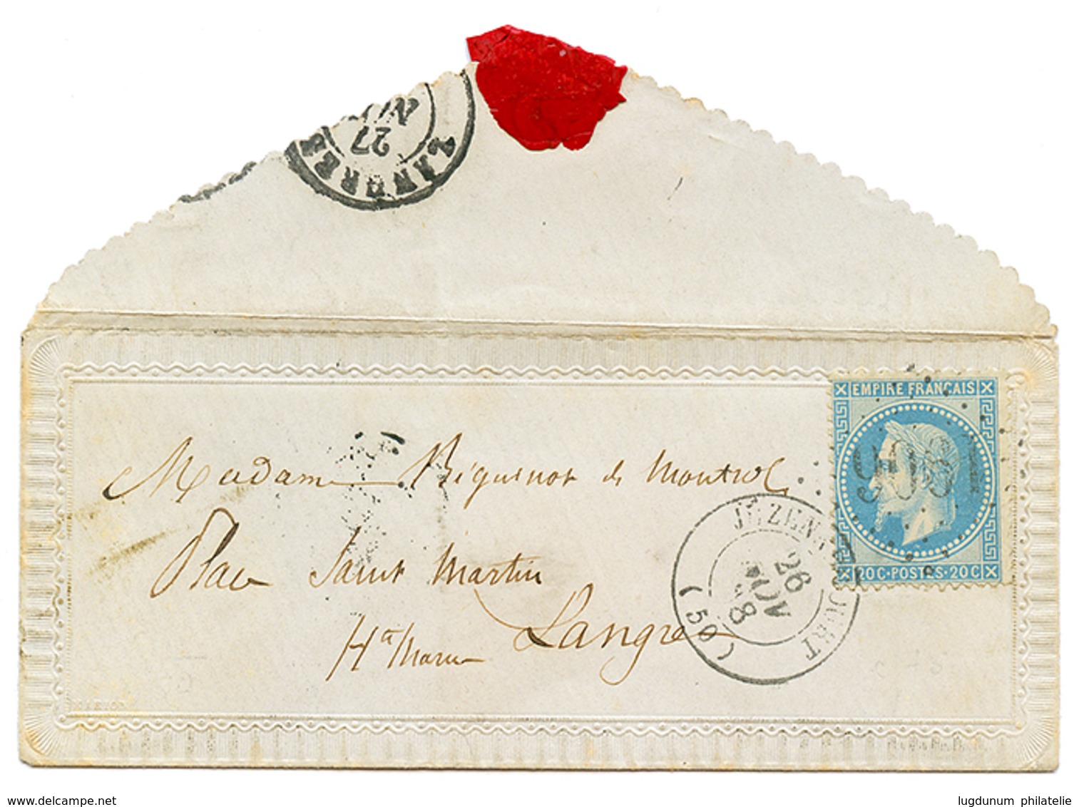 177 1868 20c(n°29) Obl. GC 1906 + T.15 JUZENNECOURT Sur Enveloppe VALENTINE . Superbe. - 1862 Napoleone III