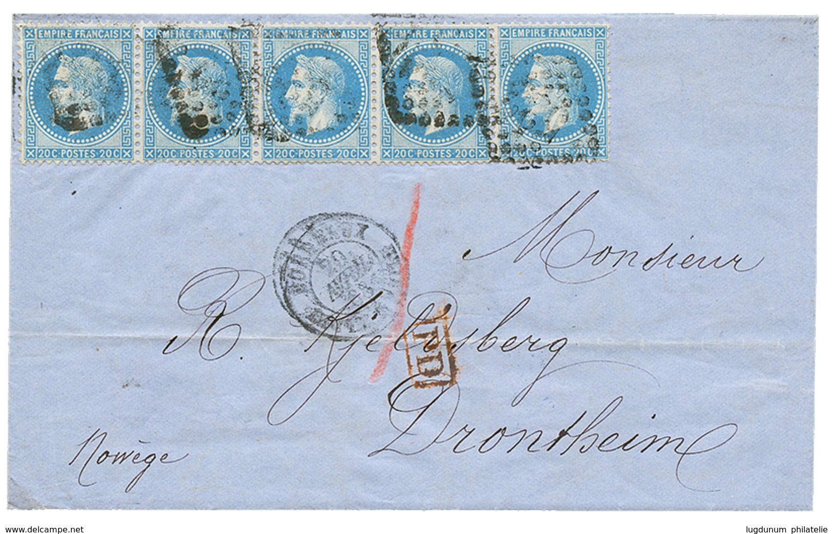 178 1868 Bande De 5 Du 20c(n°29) + BORDEAUX BOITE MOBILE Sur Lettre Pour DROTHEIN (NORVEGE). TTB. - 1862 Napoléon III.