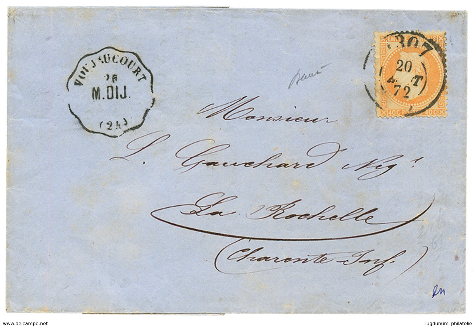 180 1872 40c EMPIRE(n°31) Pd Obl. Bureau De PASSE 1307 + Convoyeur VONJAUCOURT/M.DIJ Sur Lettre Avec Texte De FESCHES Po - 1862 Napoleon III