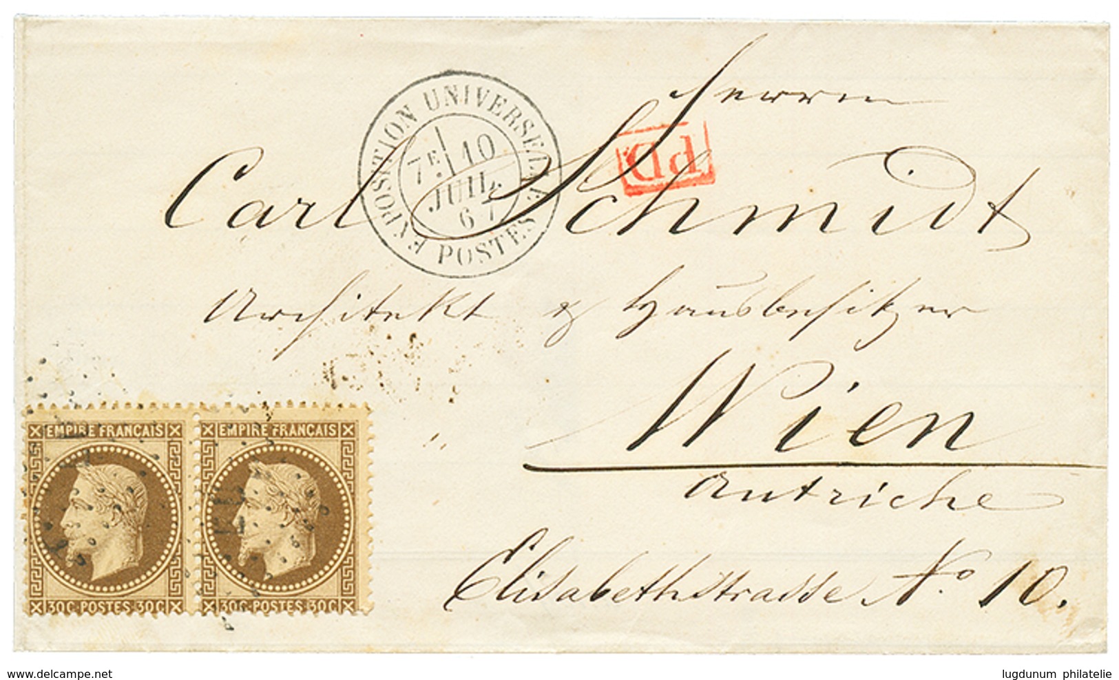 181 1867 Paire 30c(n°31) Obl. Losange EU + EXPOSITION UNIVERSELLE POSTES Sur Lettre Pour L' AUTRICHE. Oblitération Rare  - 1862 Napoléon III