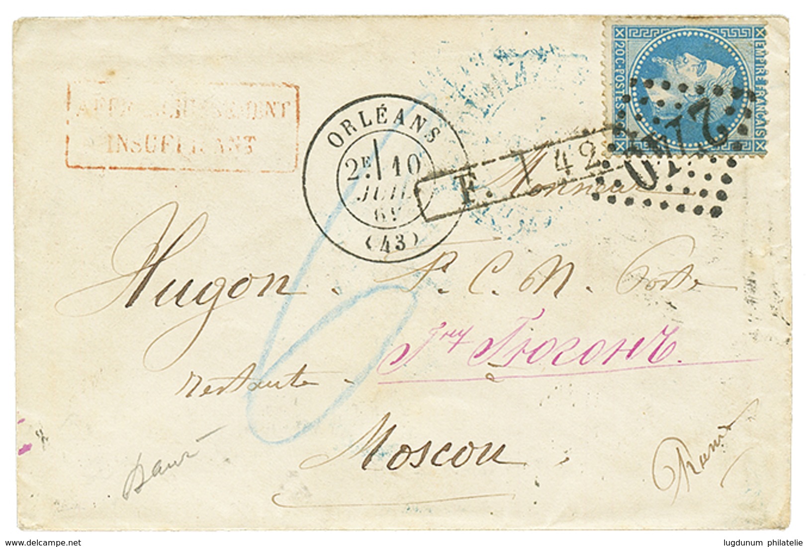 182 1869 20c(n°29) Obl. GC 2740 + ORLEANS + Marque D' Echange F./42 Sur Enveloppe INSUFF. AFFRANCHIE Pour MOSCOU RUSSIE. - 1862 Napoleon III