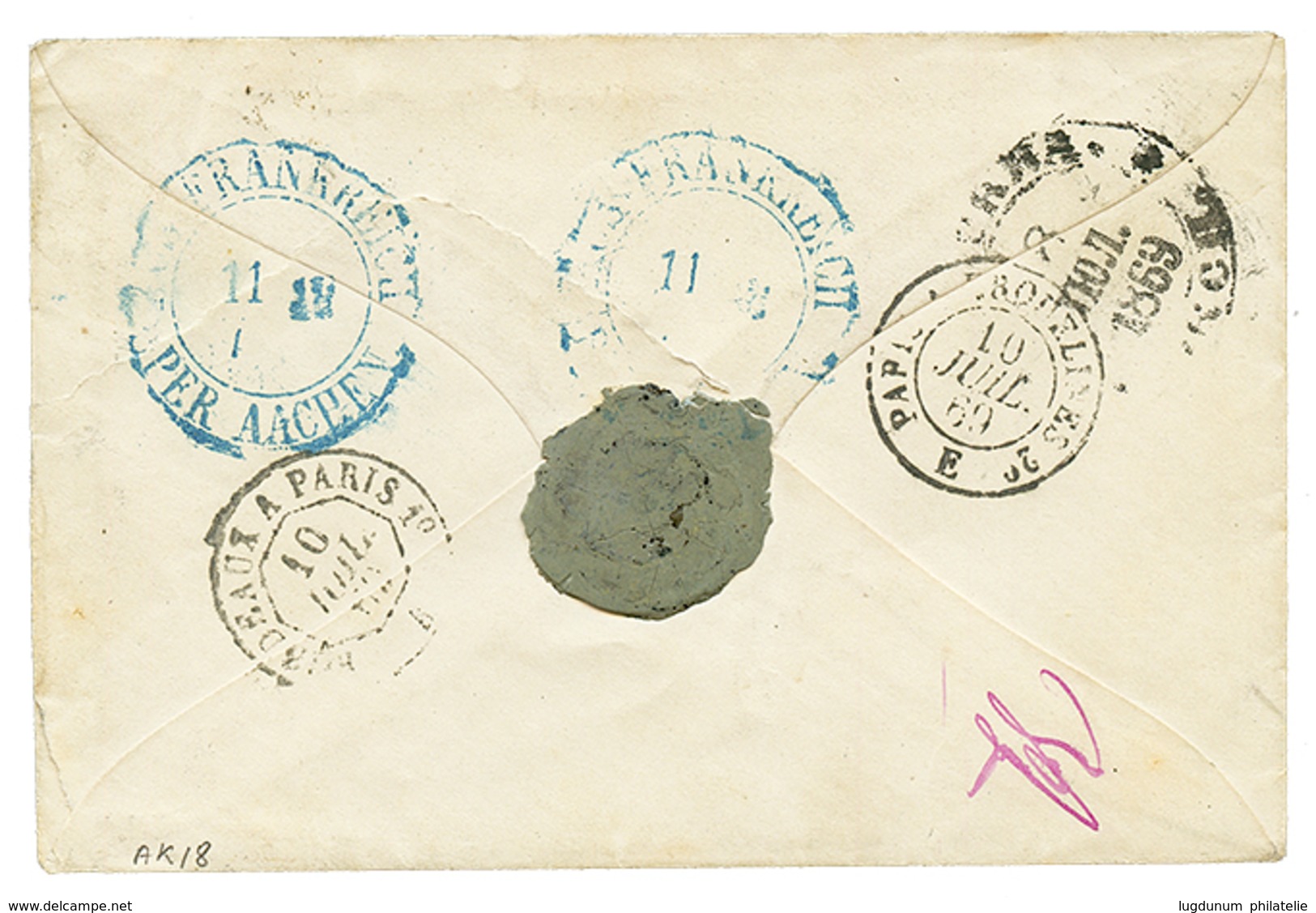 182 1869 20c(n°29) Obl. GC 2740 + ORLEANS + Marque D' Echange F./42 Sur Enveloppe INSUFF. AFFRANCHIE Pour MOSCOU RUSSIE. - 1862 Napoleone III