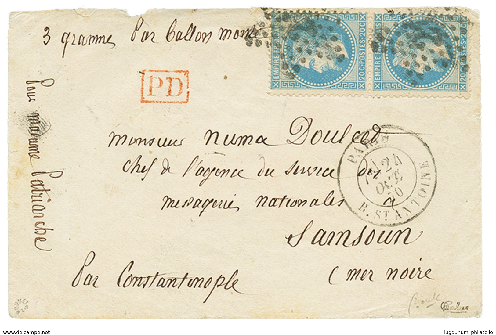 186 "BALLON MONTE Pour SAMSOUN" : 1870 Paire 20c(n°29) Obl. Etoile + PARIS 24 Oct 70 + "3 Gramme - Par BALLON MONTE" Man - Andere & Zonder Classificatie