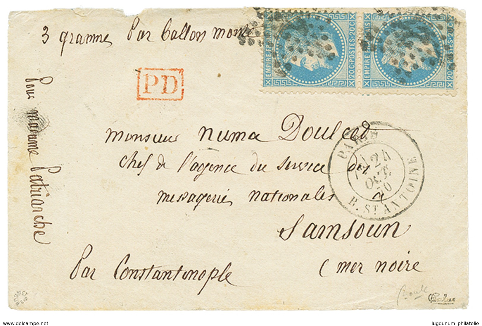 186 "BALLON MONTE Pour SAMSOUN" : 1870 Paire 20c(n°29) Obl. Etoile + PARIS 24 Oct 70 + "3 Gramme - Par BALLON MONTE" Man - Other & Unclassified