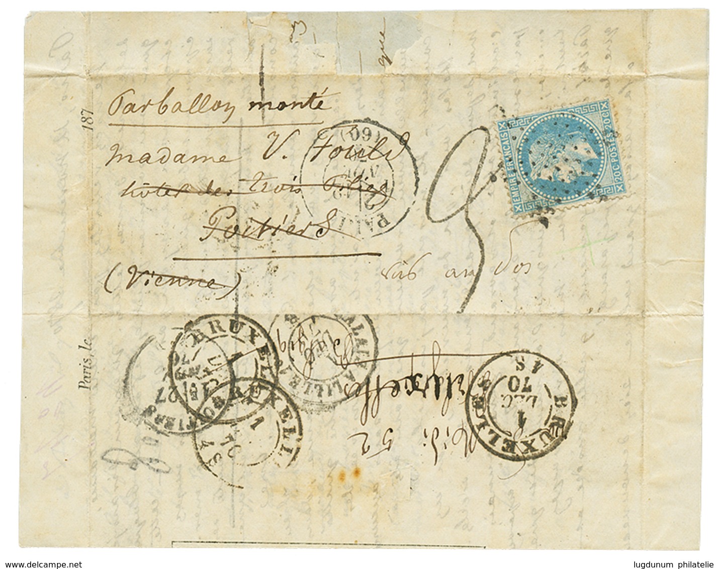 188 1870 20c(n°29) Obl. Etoile + PARIS 12 Nov 70 + Taxe 3 Tampon Sur Lettre Avec Texte Pour POITIERS Réexpédiée à BRUXEL - Sonstige & Ohne Zuordnung