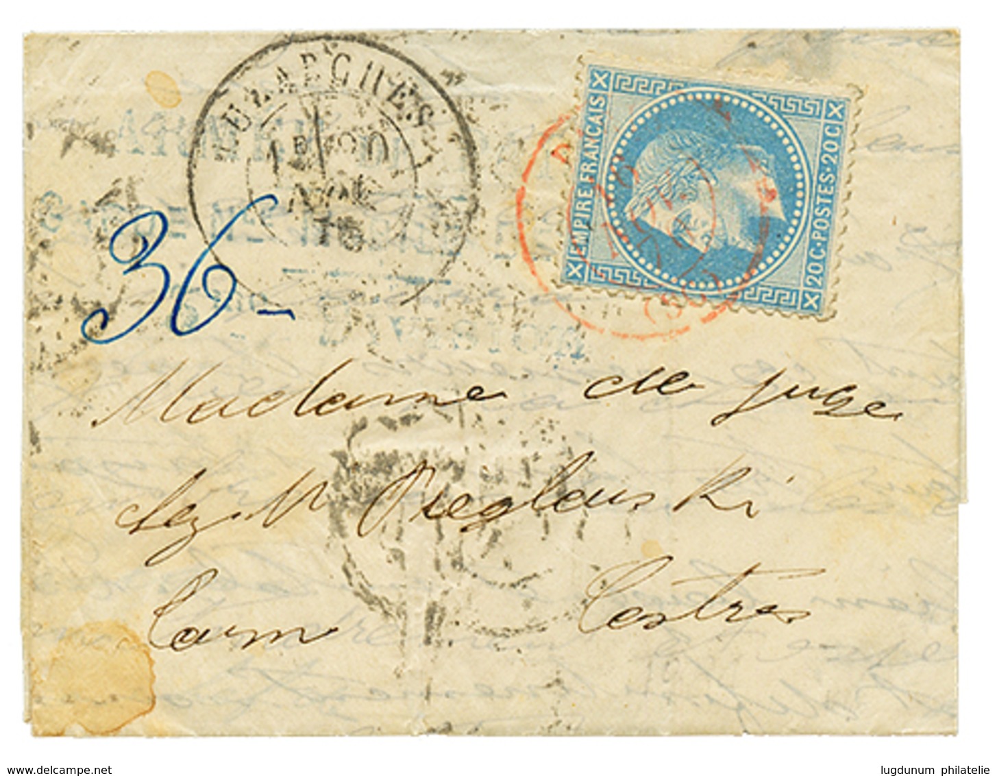 191 1870 20c(n°29) Obl. PARIS SC 16 Nov 70 Rouge + Cachet De Passage LUZARCHES 20 Nov 70 (cote +875€) Sur Lettre Avec Te - Autres & Non Classés