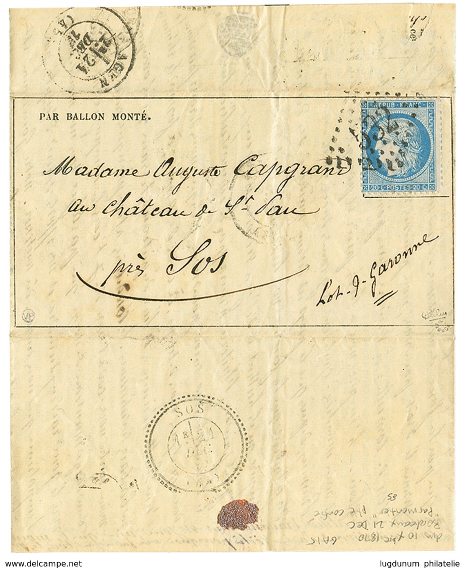 192 PLI CONFIE - "LE PARMENTIER" : 20c(n°37) Obl. GC 532 Sur Lettre Avec Texte GAZETTE DES ABSENTS N°15 Daté PARIS 10 De - Sonstige & Ohne Zuordnung