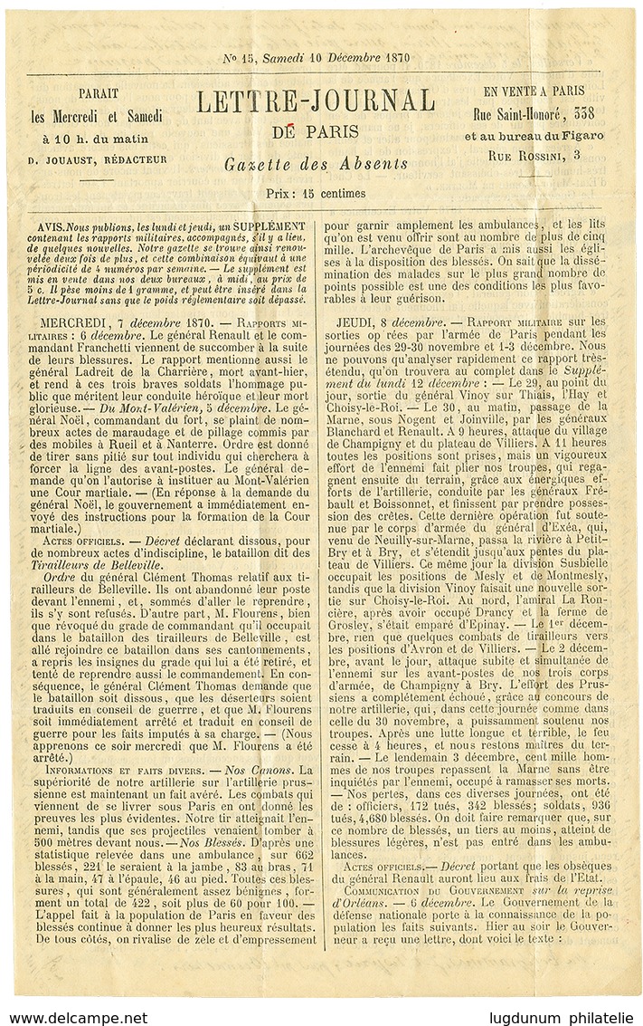 192 PLI CONFIE - "LE PARMENTIER" : 20c(n°37) Obl. GC 532 Sur Lettre Avec Texte GAZETTE DES ABSENTS N°15 Daté PARIS 10 De - Other & Unclassified