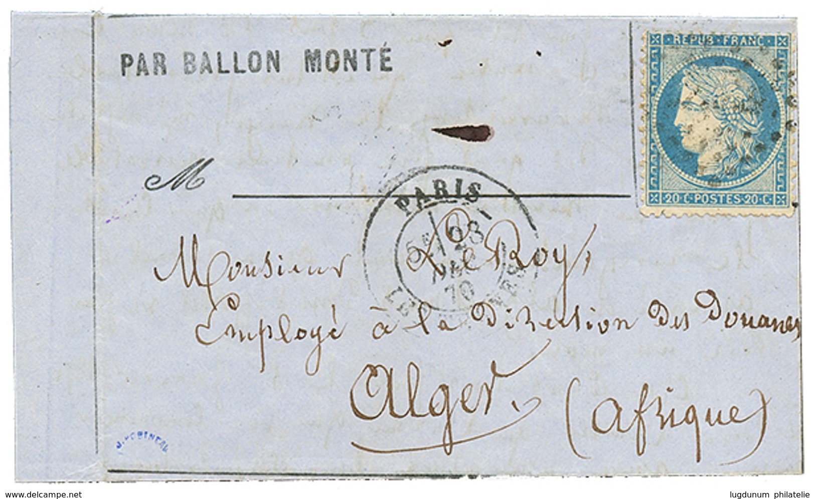 193 "BALLON-MONTE Pour L' ALGERIE" : 20c(n°37) Obl. GC + PARIS LES TERNES 23 Dec 70 Sur Lettre Avec Texte Pour ALGER, AF - Sonstige & Ohne Zuordnung