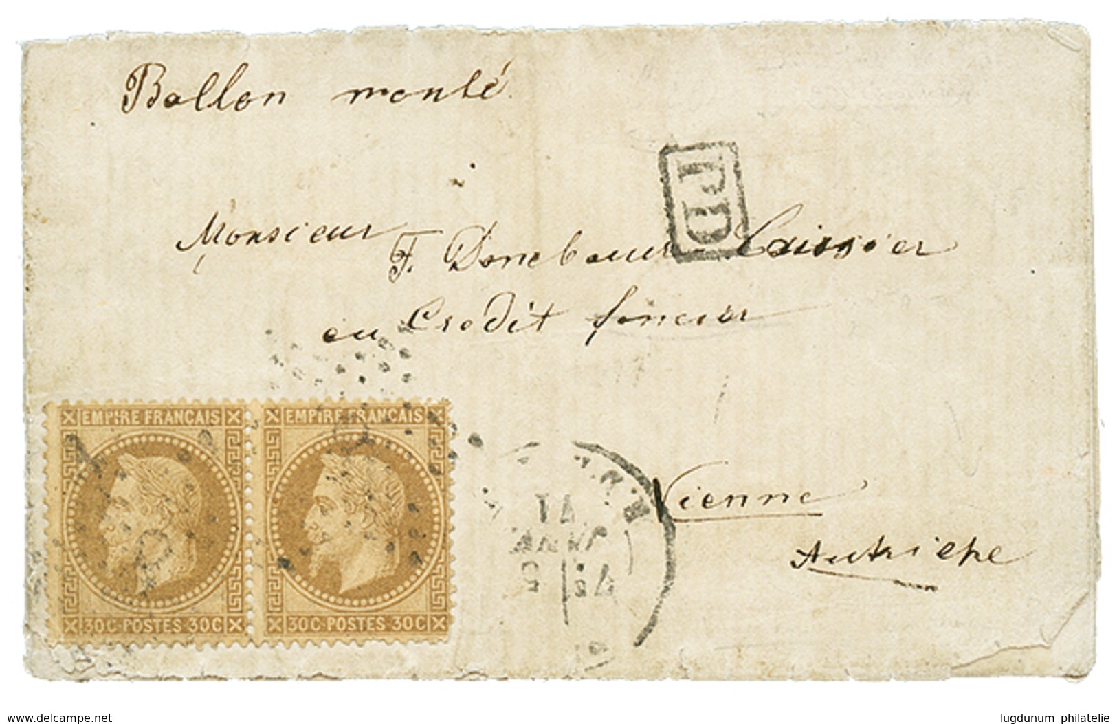 194 BALLON MONTE Pour L' AUTRICHE : 1871 Paire 30c(n°31) Obl. Etoile 8 + PARIS 5 JANV 71 Sur Lettre Avec Texte(petits Dé - Altri & Non Classificati