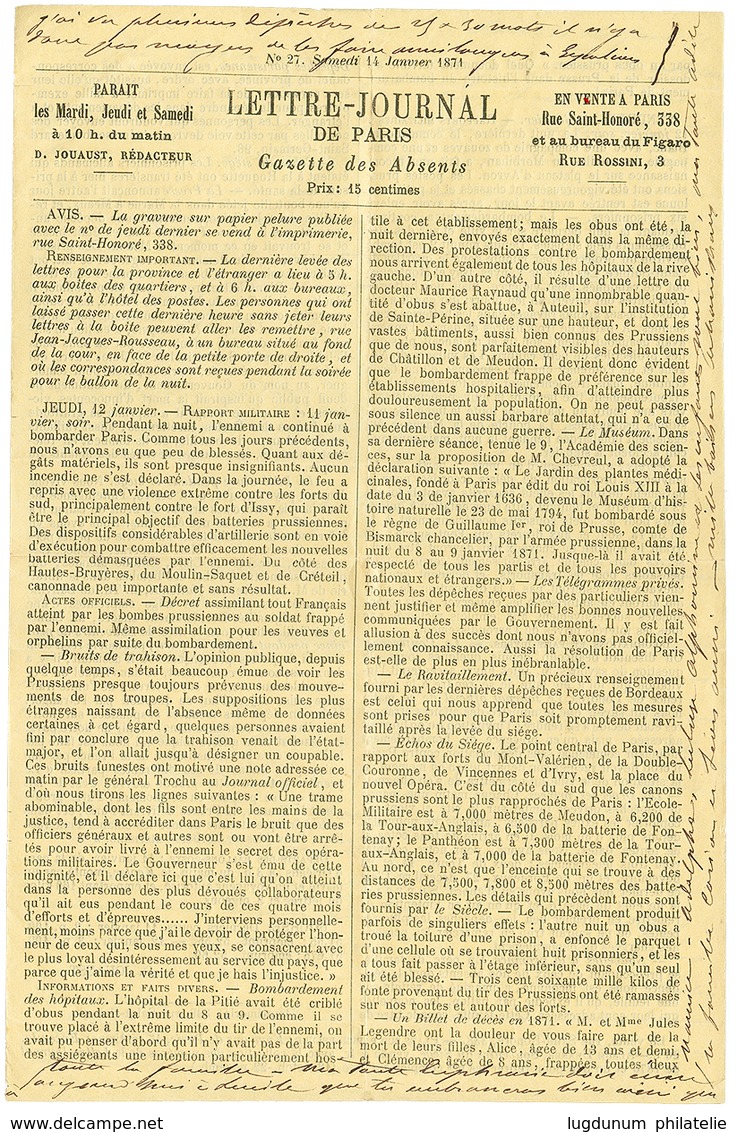 195 PLI CONFIE - "LE VAUCANSON" : 20c(n°37) + LILLE A PARIS 15 Janv. 71 Sur Enveloppe Avec GAZETTE DES ABSENTS N°27avec  - Sonstige & Ohne Zuordnung