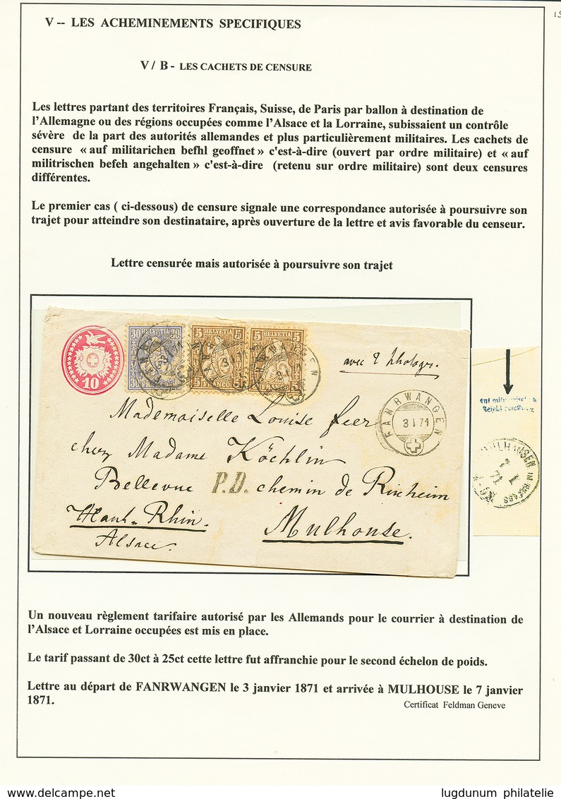 198 CACHET De CENSURE Allemand : 1871 SUISSE Entier 10c + 5c(x2)+ 30c Obl. FAHRWANGEN Pour MUHLOUSE (ALSACE). Verso, Cac - Other & Unclassified