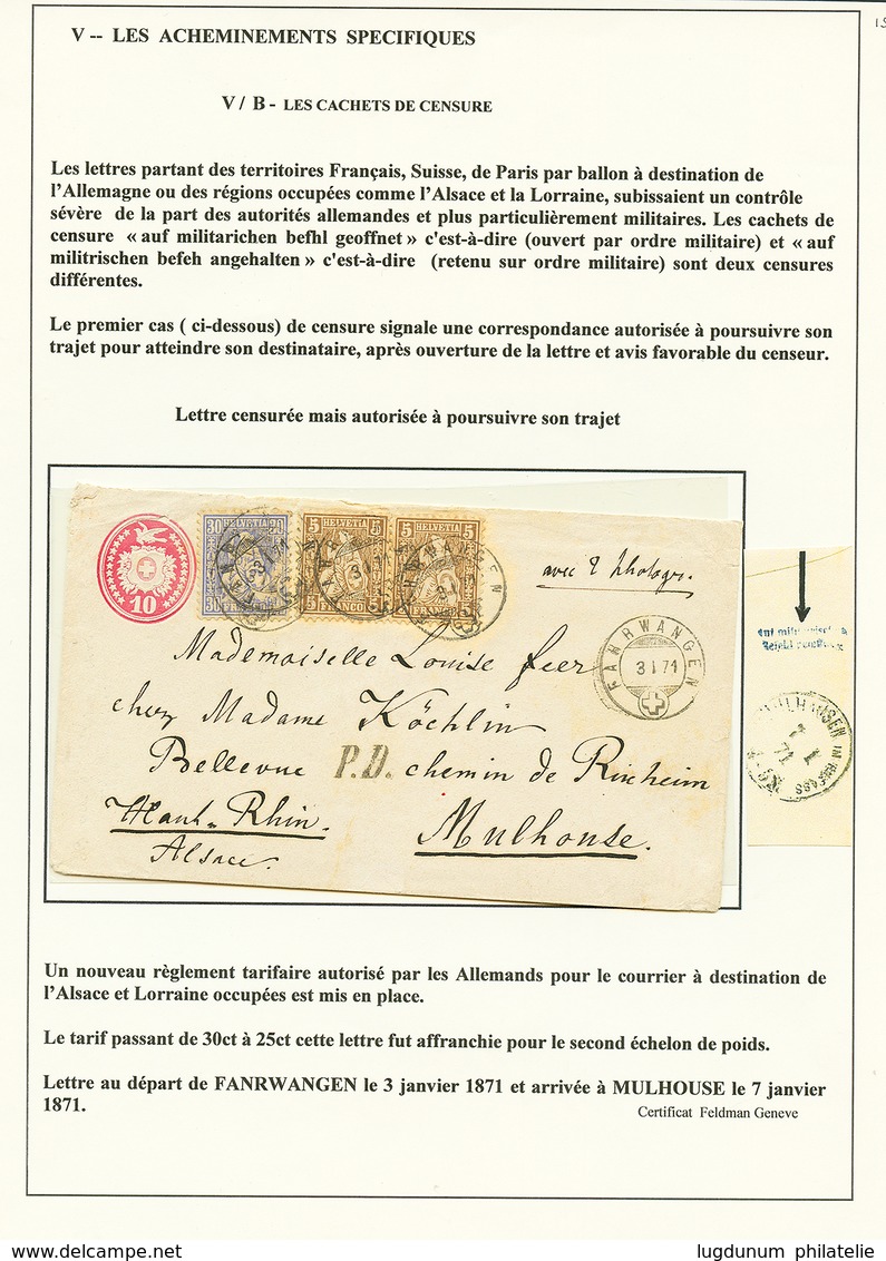 198 CACHET De CENSURE Allemand : 1871 SUISSE Entier 10c + 5c(x2)+ 30c Obl. FAHRWANGEN Pour MUHLOUSE (ALSACE). Verso, Cac - Sonstige & Ohne Zuordnung