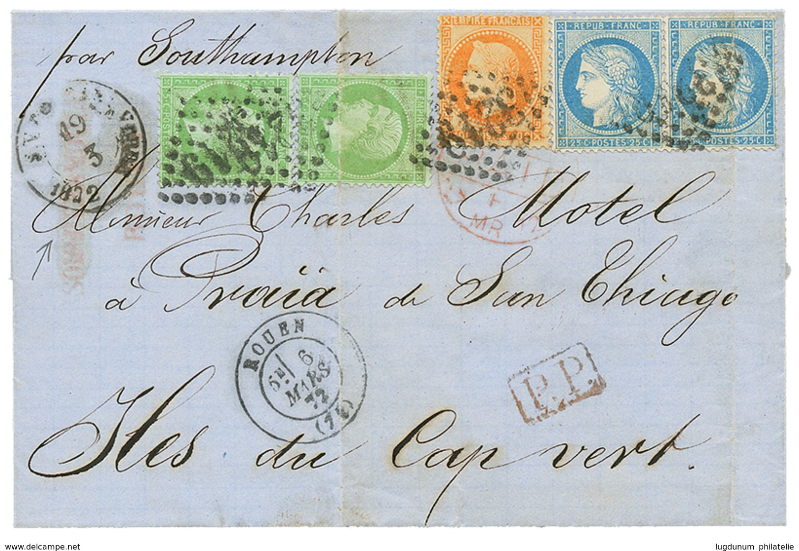 204 Destination ILES Du CAP VERT : 1872 5c(n°20)x2 + 40c(n°31)+ Paire 25c CERES(n°60) Sur Lettre De ROUEN Pour "PRAÏA DE - 1871-1875 Ceres