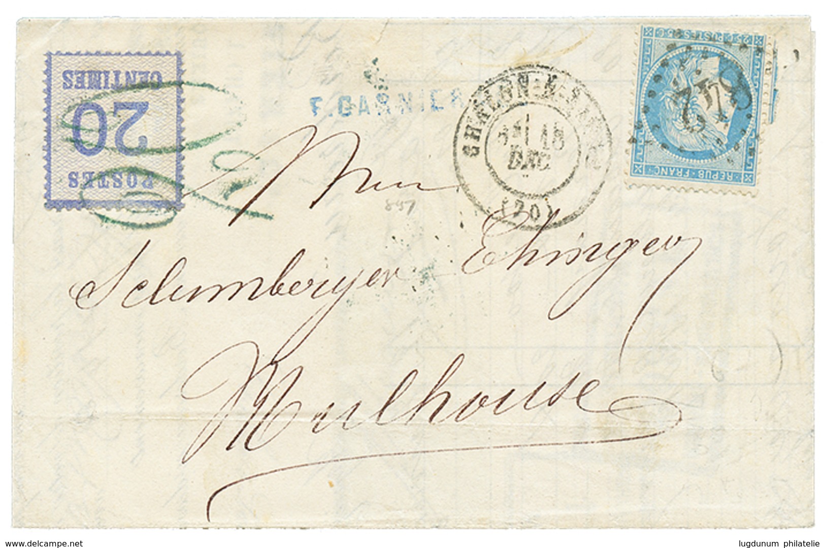 205 1871 25c(n°60) Obl. GC 842 + CHALON-S-SAONE + ALSACE 20c Annulé Par Le Cachet Taxe 20 En Bleu Sur Lettre Pour MUHLOU - 1871-1875 Ceres