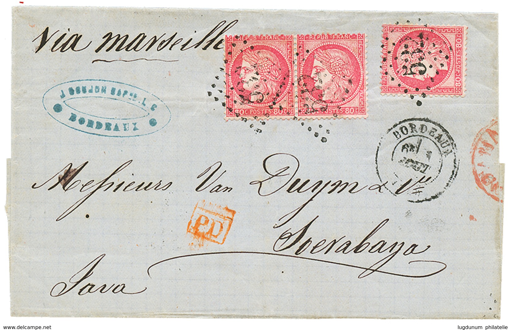 206 1873 80c CERES(x3) Obl. GC 532 + BORDEAUX Sur Lettre Pour SOERABAYA(JAVA). Destination Rare. TTB. - 1871-1875 Ceres