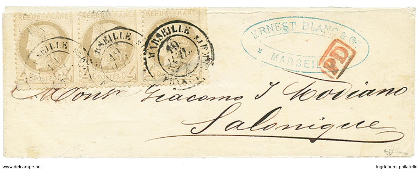 209 "Affrt à 12c Pour La GRECE" : Bande De 3 Du 4c CERES(n°52) Obl. MARSEILLE Sur Bande D' IMPRIME Pour SALONIQUE En GRE - 1871-1875 Cérès